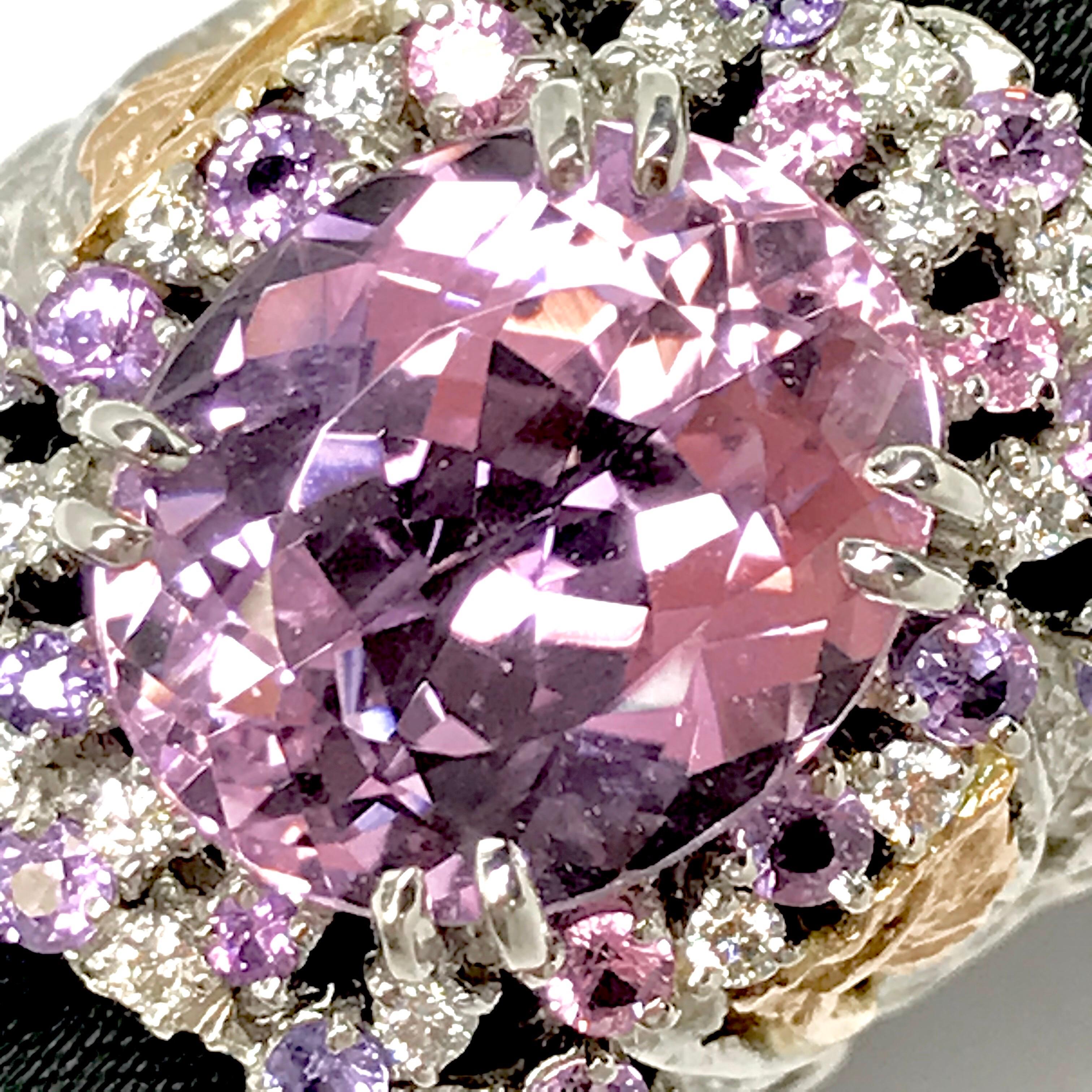 Matsuzaki Platinum Gold 7.58ct Oval Kunzite Pink Violet Sapphire Diamond Ring For Sale 4