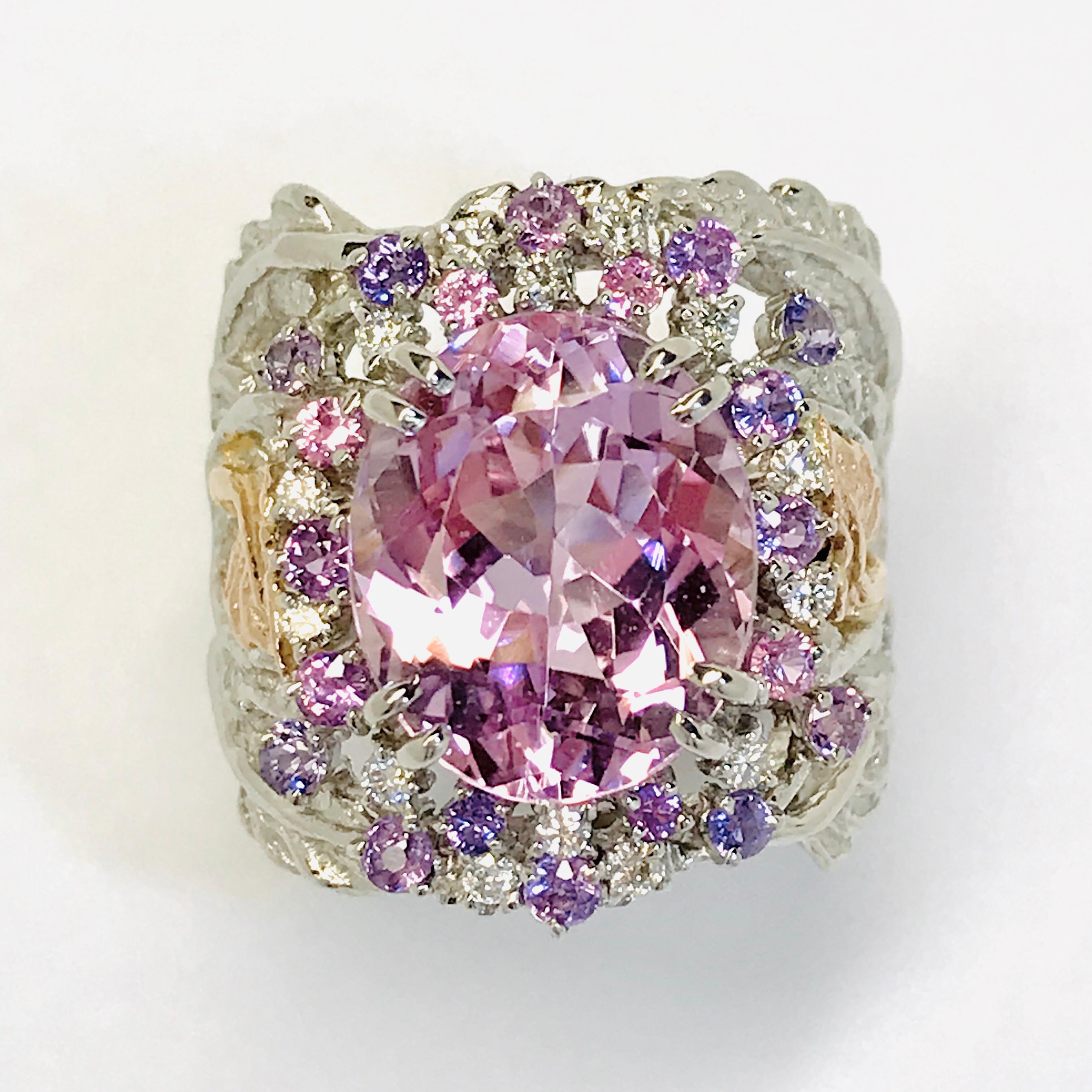 Artist Matsuzaki Platinum Gold 7.58ct Oval Kunzite Pink Violet Sapphire Diamond Ring For Sale