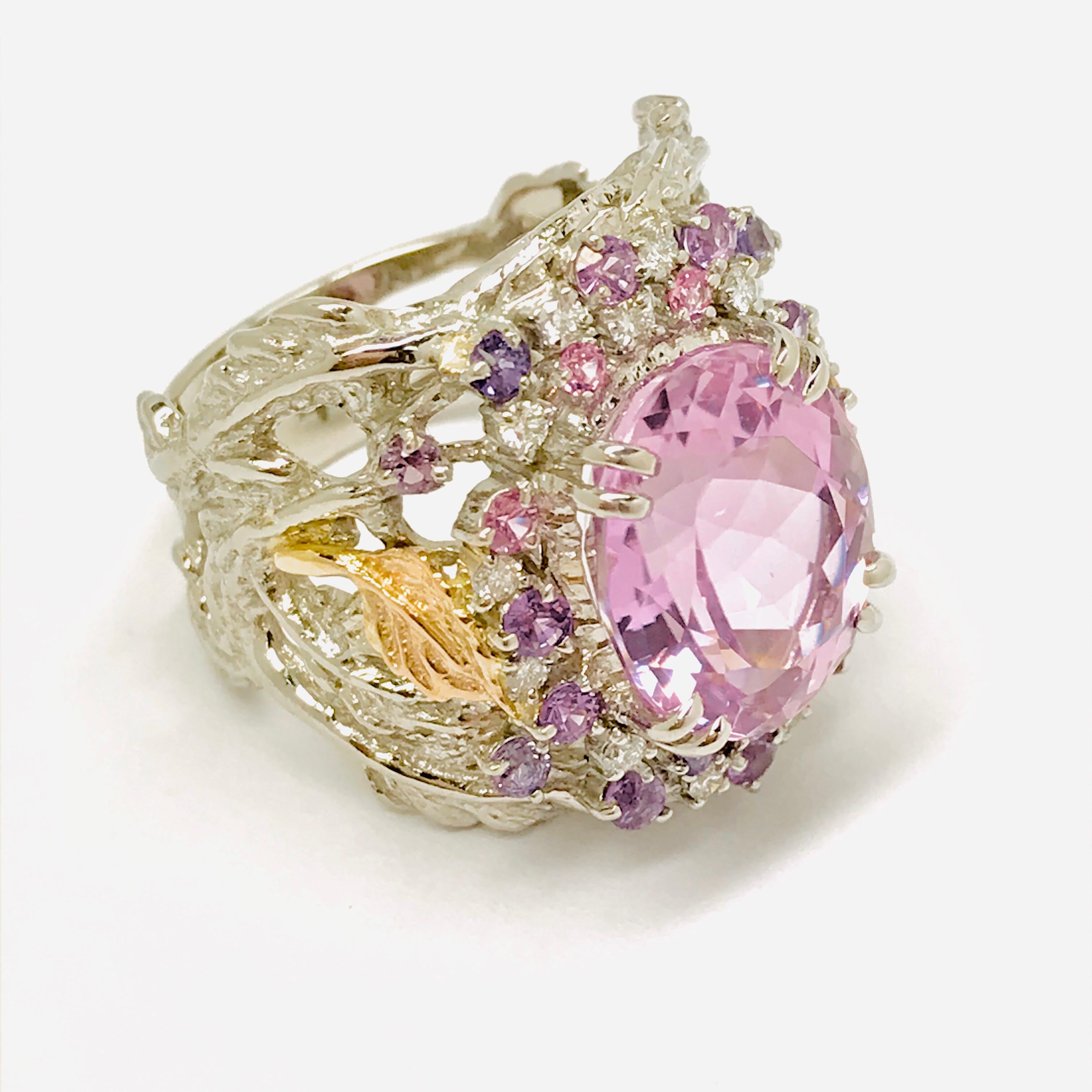 Matsuzaki Platinum Gold 7.58ct Oval Kunzite Pink Violet Sapphire Diamond Ring For Sale 1