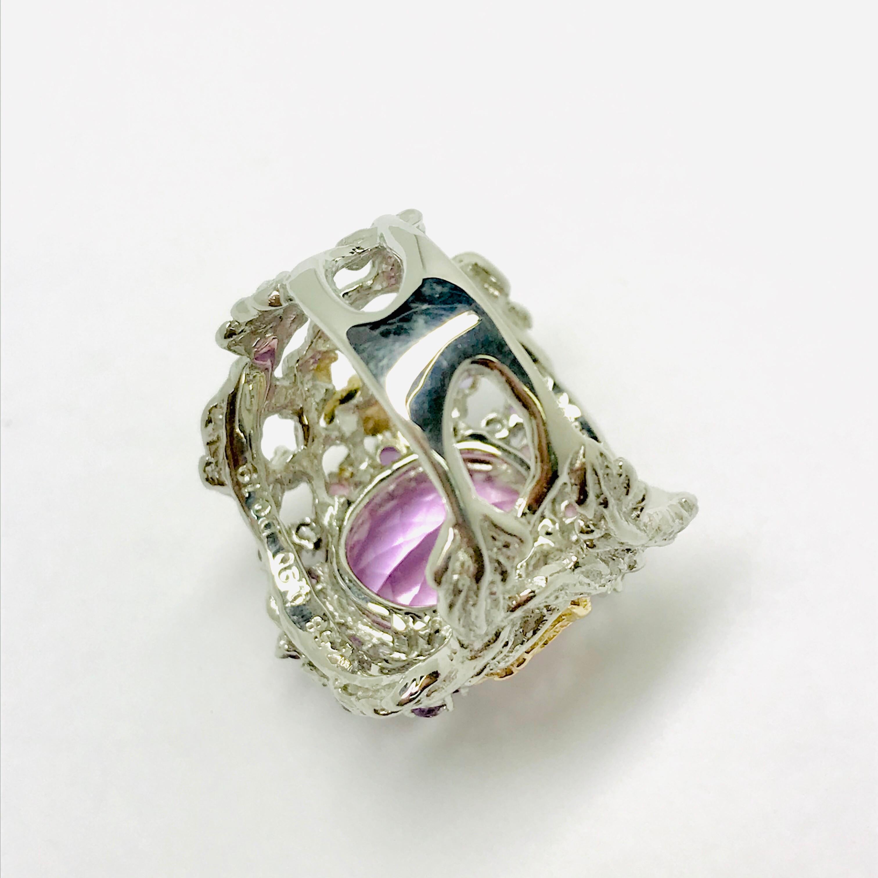 Matsuzaki Platinum Gold 7.58ct Oval Kunzite Pink Violet Sapphire Diamond Ring For Sale 3