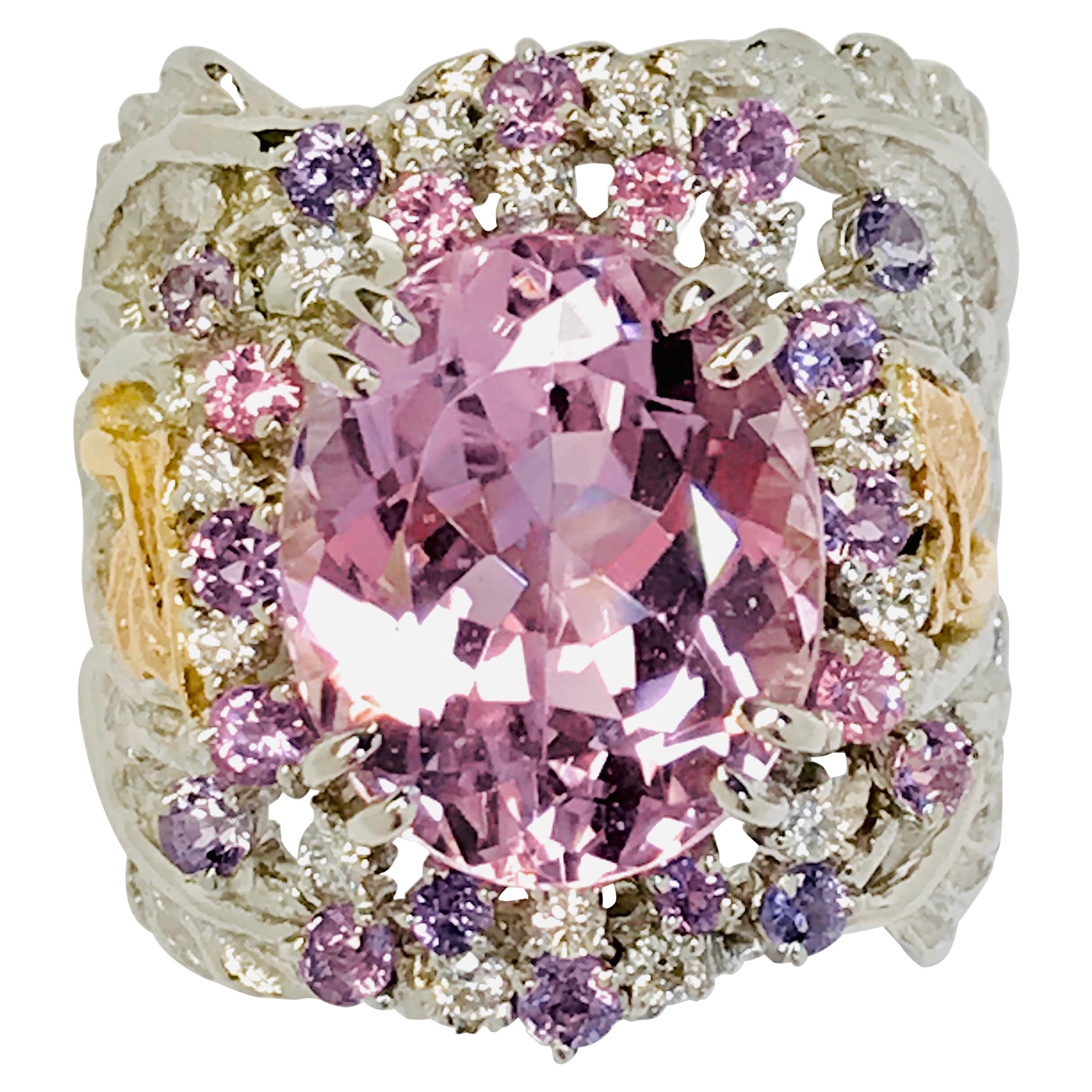 Matsuzaki Platinum Gold 7.58ct Oval Kunzite Pink Violet Sapphire Diamond Ring For Sale