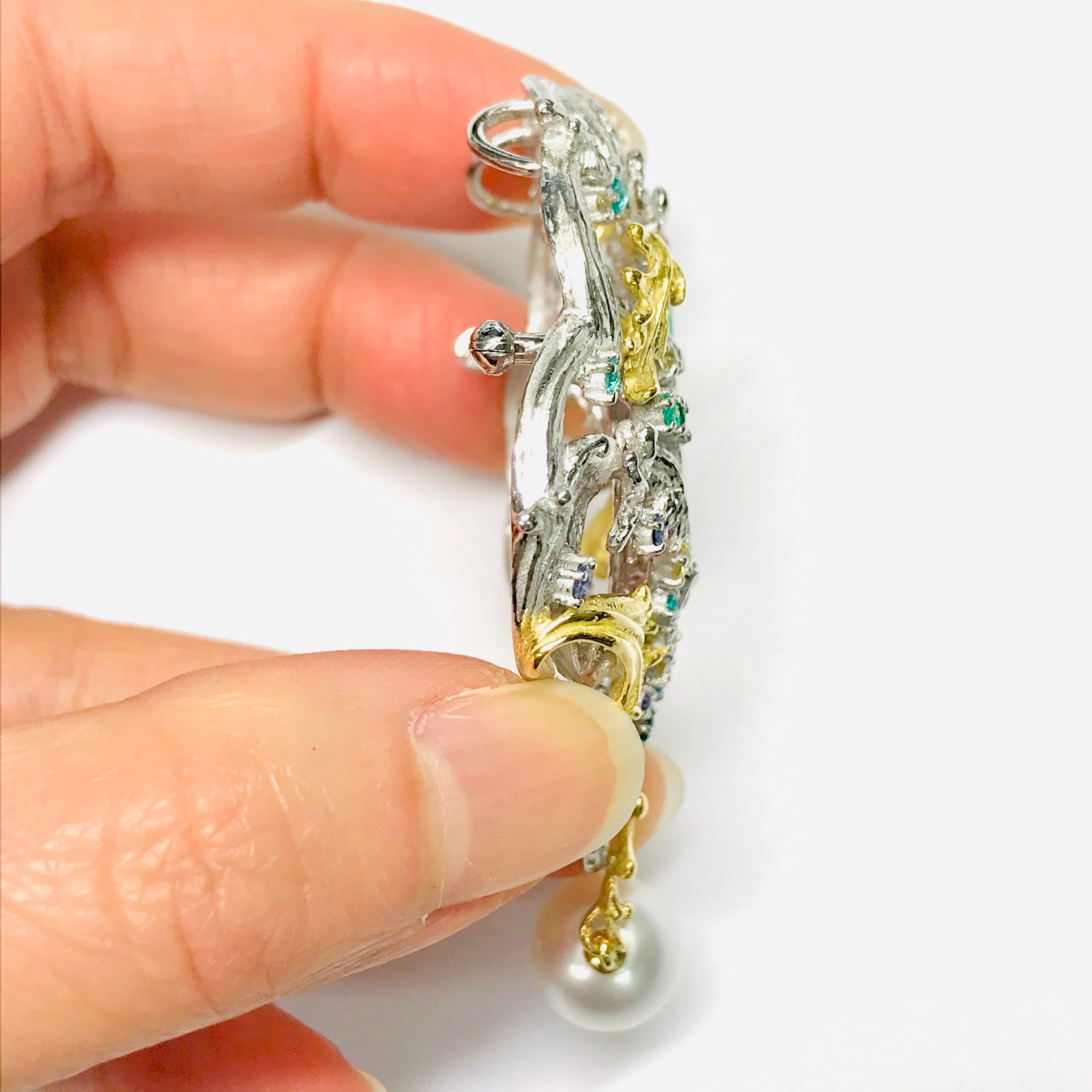 Matsuzaki Platinum 18K Gold Foliage Boulder Opal Pearl Paraiba Brooch Pendant For Sale 5