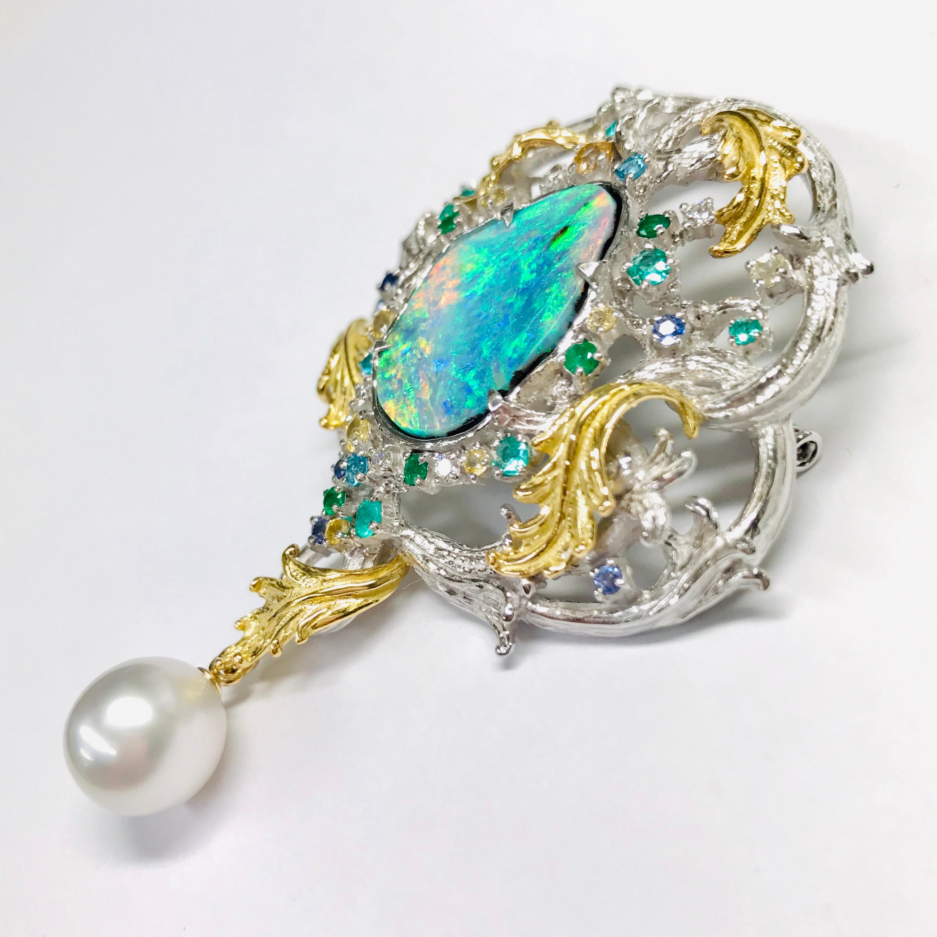 Artist Matsuzaki Platinum 18K Gold Foliage Boulder Opal Pearl Paraiba Brooch Pendant For Sale