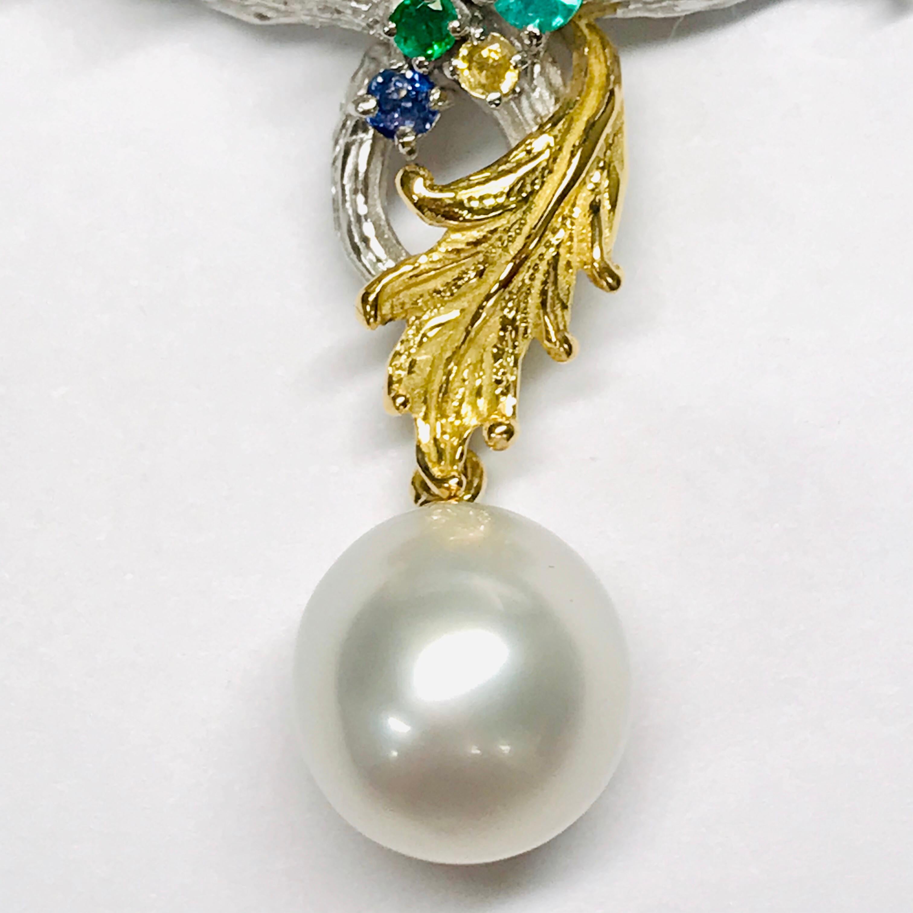 Women's Matsuzaki Platinum 18K Gold Foliage Boulder Opal Pearl Paraiba Brooch Pendant For Sale