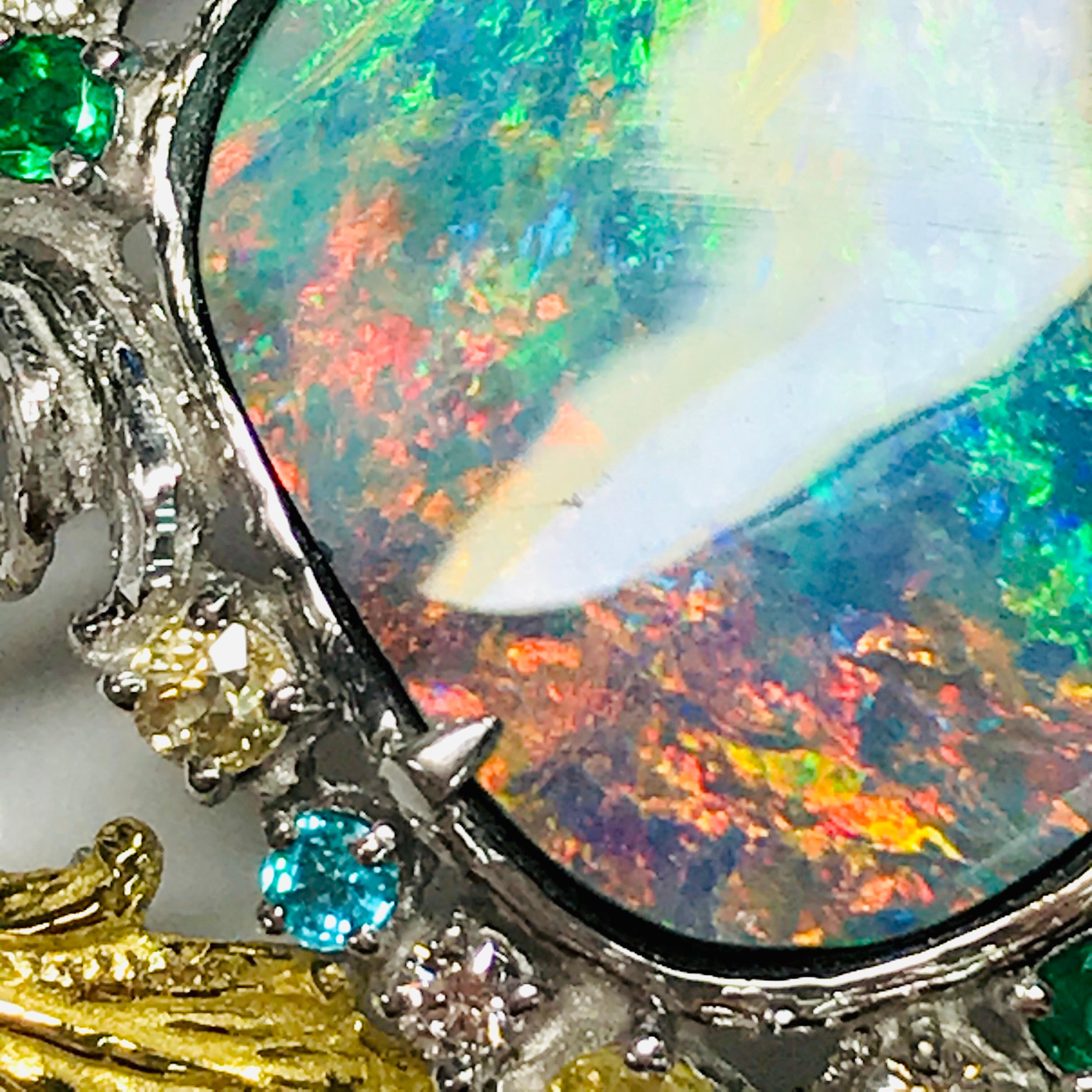 Matsuzaki Platinum 18K Gold Foliage Boulder Opal Pearl Paraiba Brooch Pendant For Sale 3