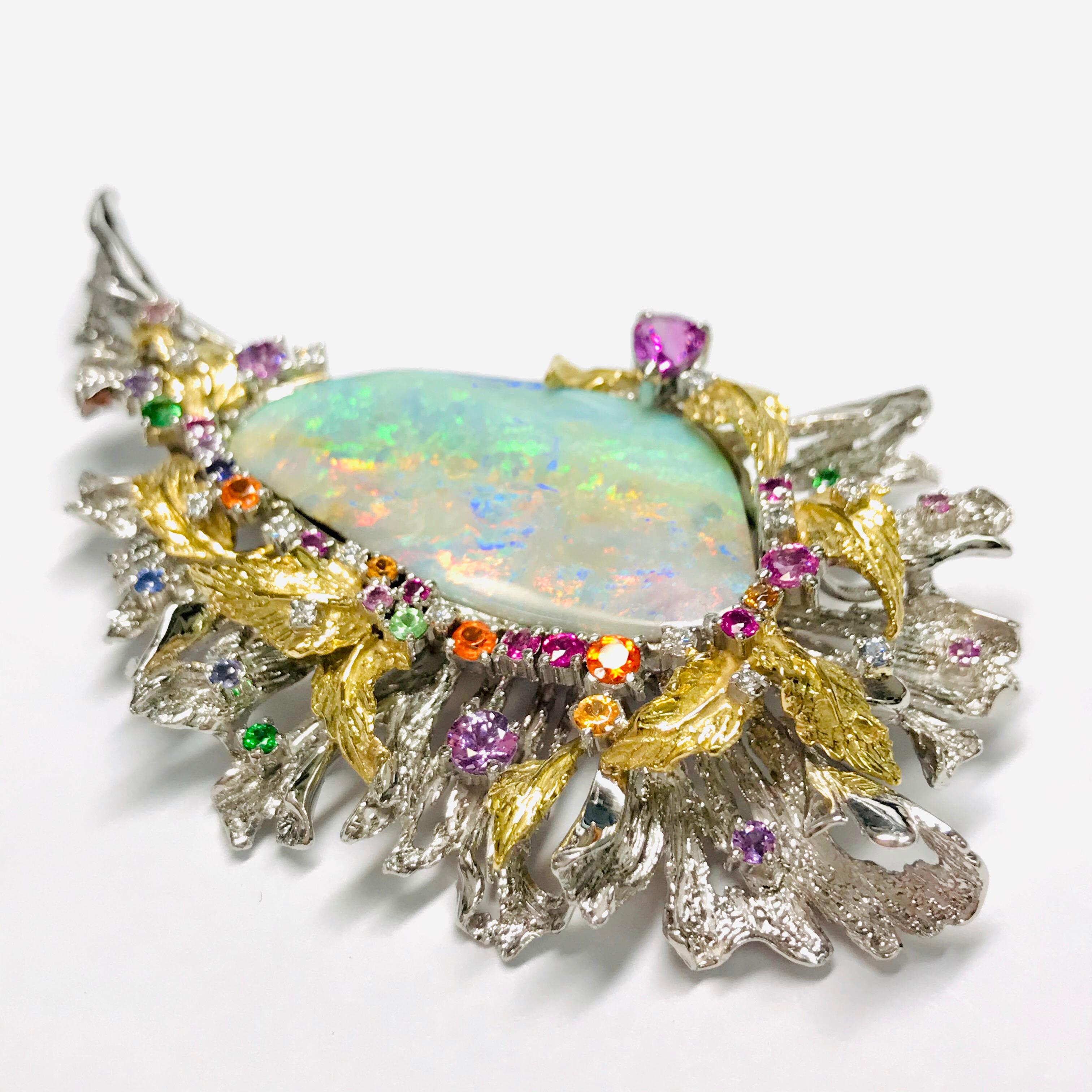 Matsuzaki Platinum 18K Gold Foliage Boulder Opal Sapphire Garnet Diamond Brooch For Sale 4