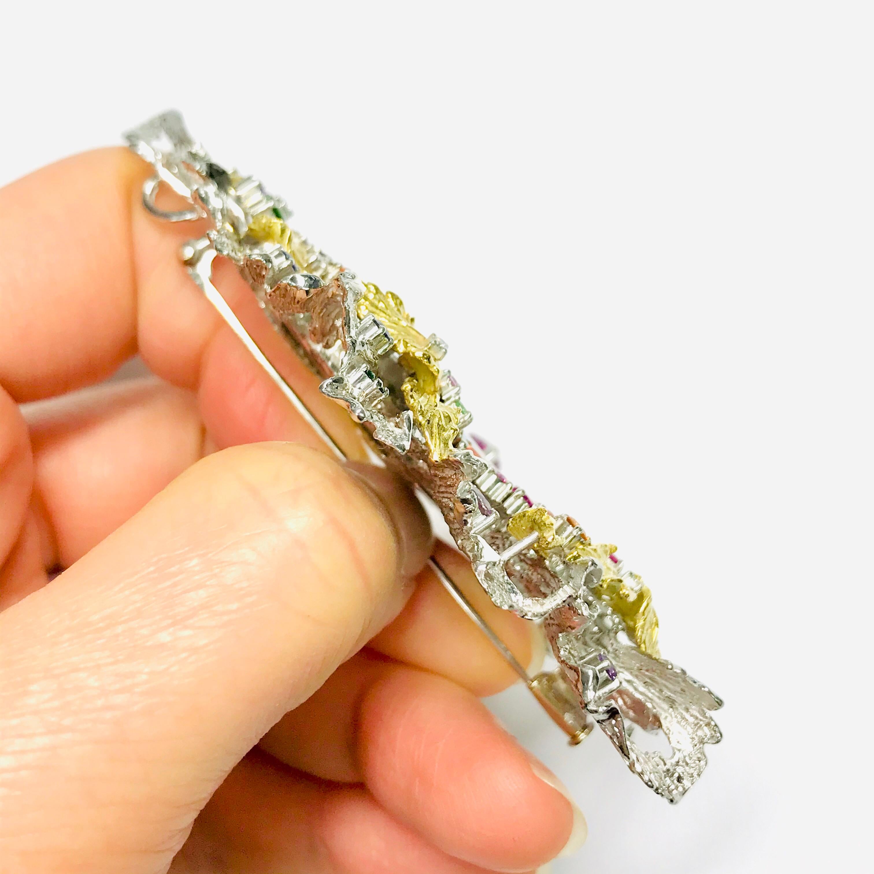 Matsuzaki Platinum 18K Gold Foliage Boulder Opal Sapphire Garnet Diamond Brooch For Sale 5