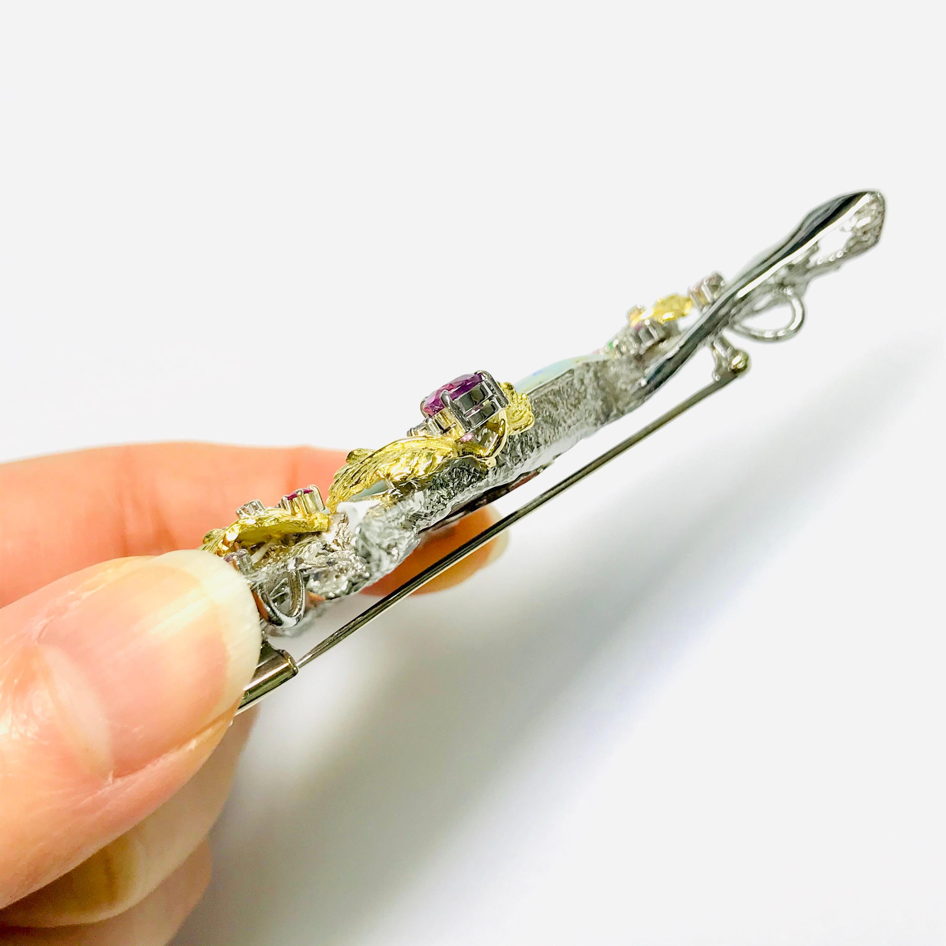 Matsuzaki Platinum 18K Gold Foliage Boulder Opal Sapphire Garnet Diamond Brooch For Sale 6