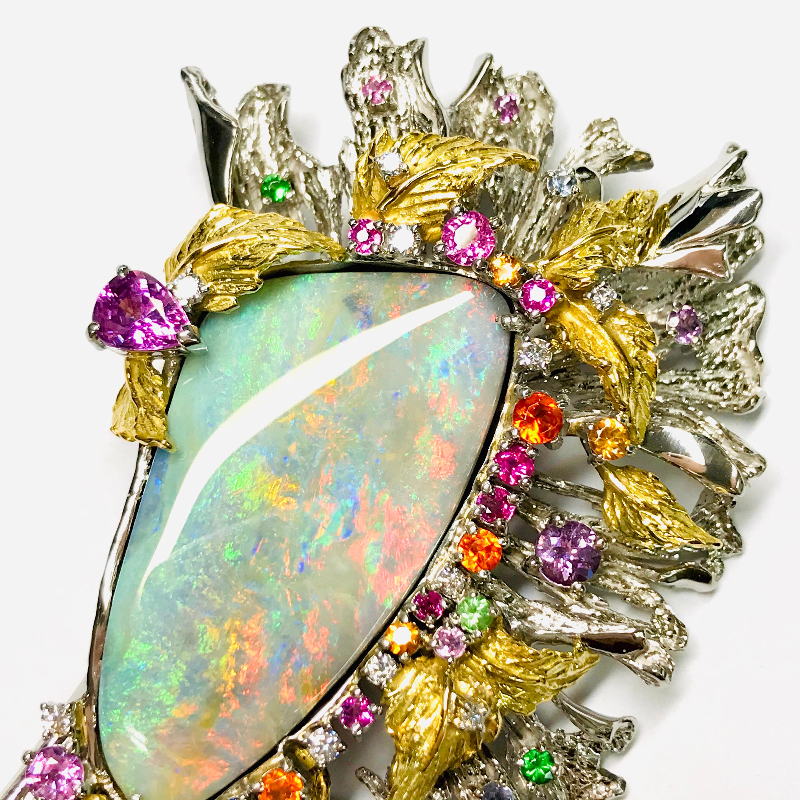 Artist Matsuzaki Platinum 18K Gold Foliage Boulder Opal Sapphire Garnet Diamond Brooch For Sale