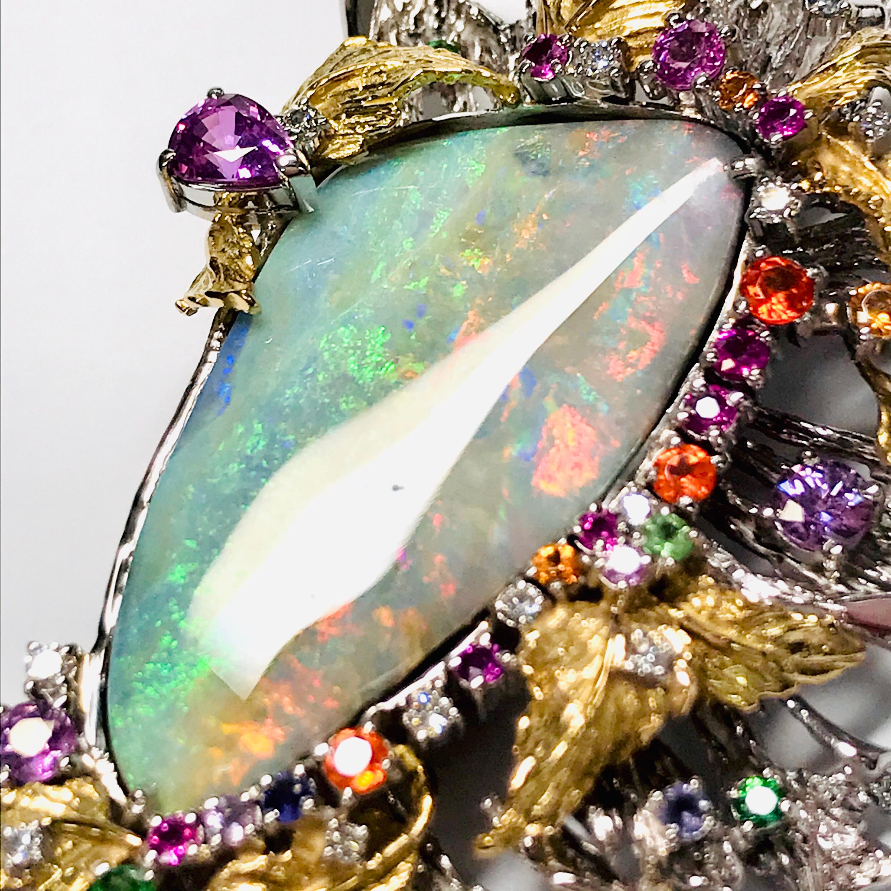 Rough Cut Matsuzaki Platinum 18K Gold Foliage Boulder Opal Sapphire Garnet Diamond Brooch For Sale