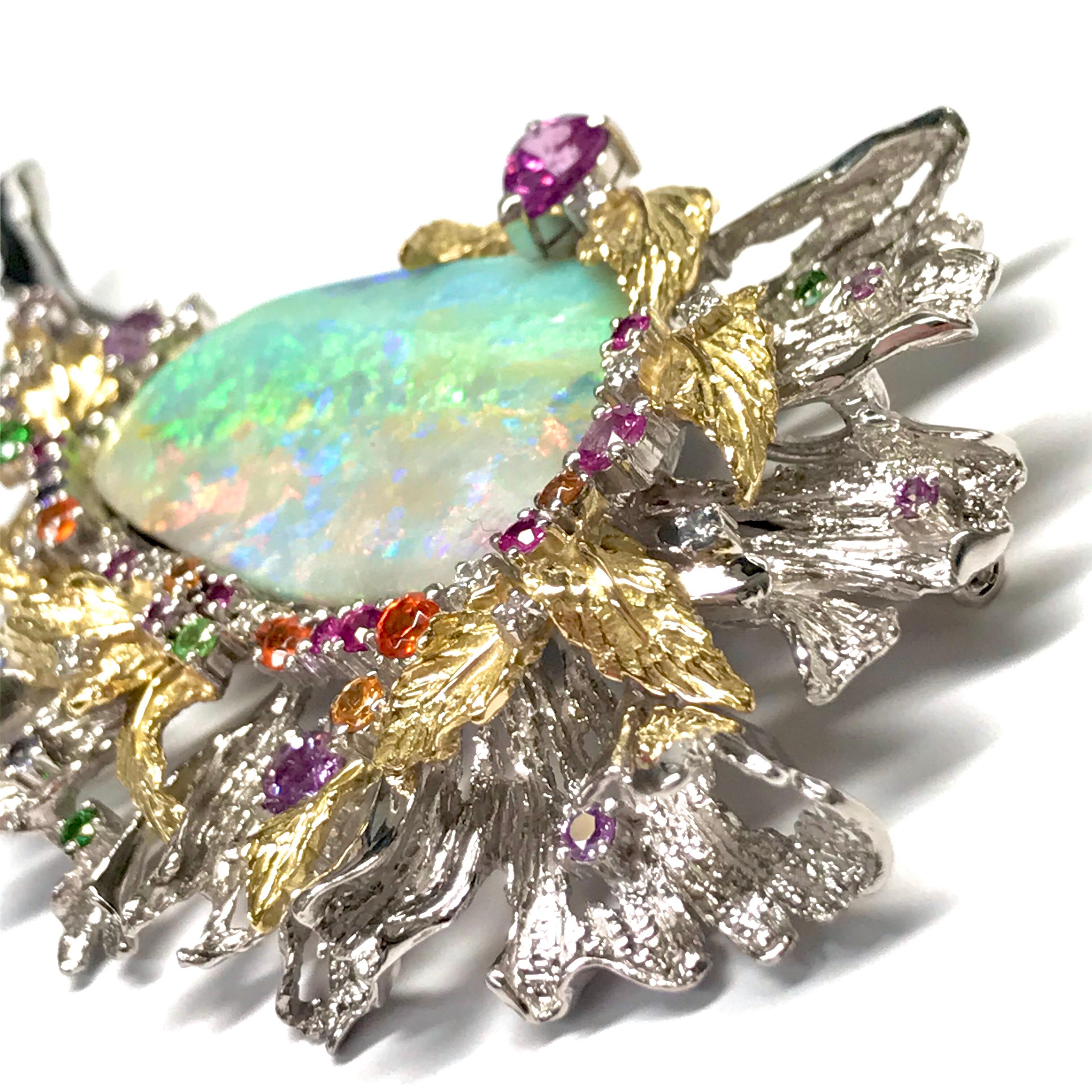 Matsuzaki Platinum 18K Gold Foliage Boulder Opal Sapphire Garnet Diamond Brooch In New Condition For Sale In Tokyo, JP