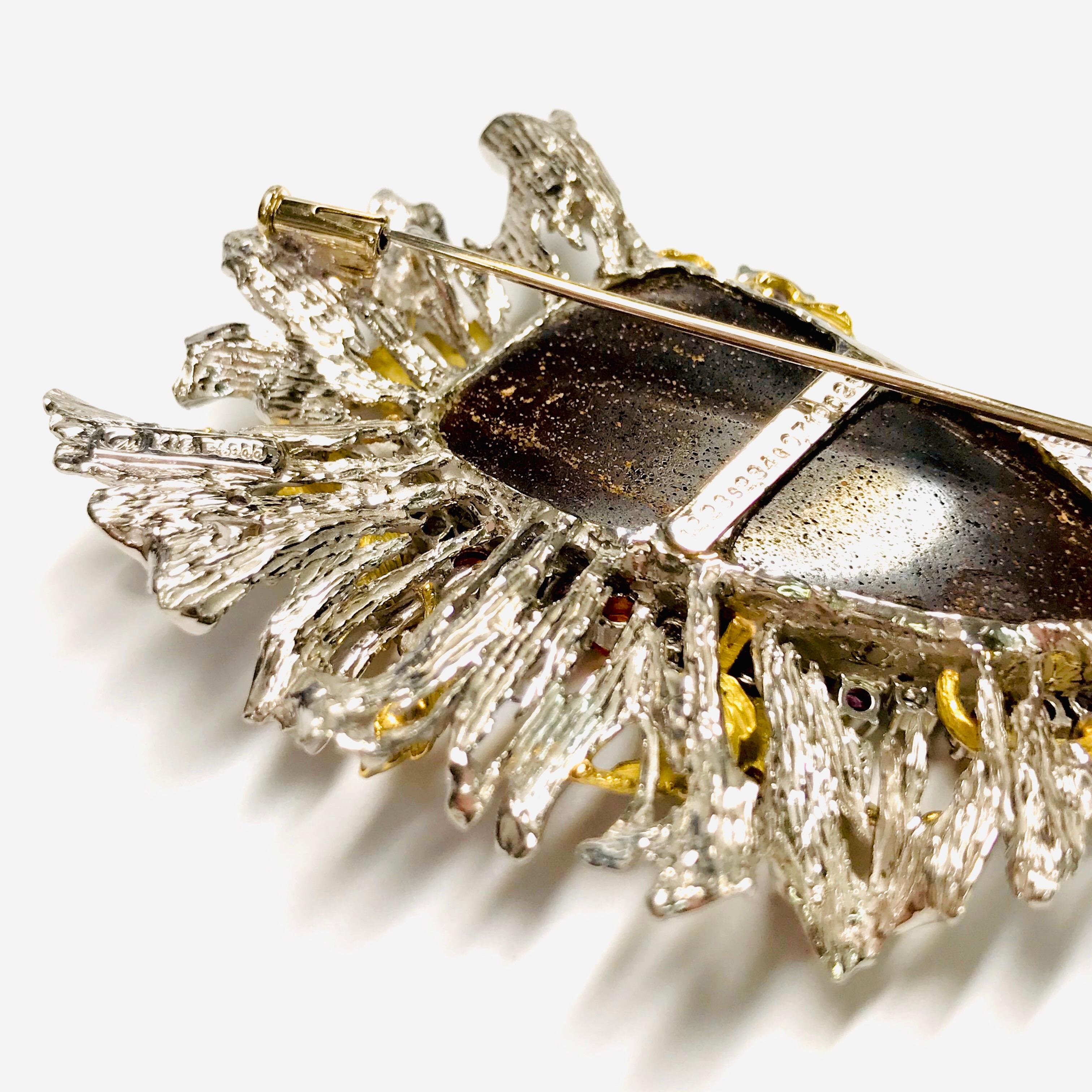 Matsuzaki Platinum 18K Gold Foliage Boulder Opal Sapphire Garnet Diamond Brooch For Sale 3
