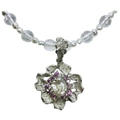 Matsuzaki PT900/K18 Keshi South Sea Pearl Pink Sapphire Diamond Flower Pendant