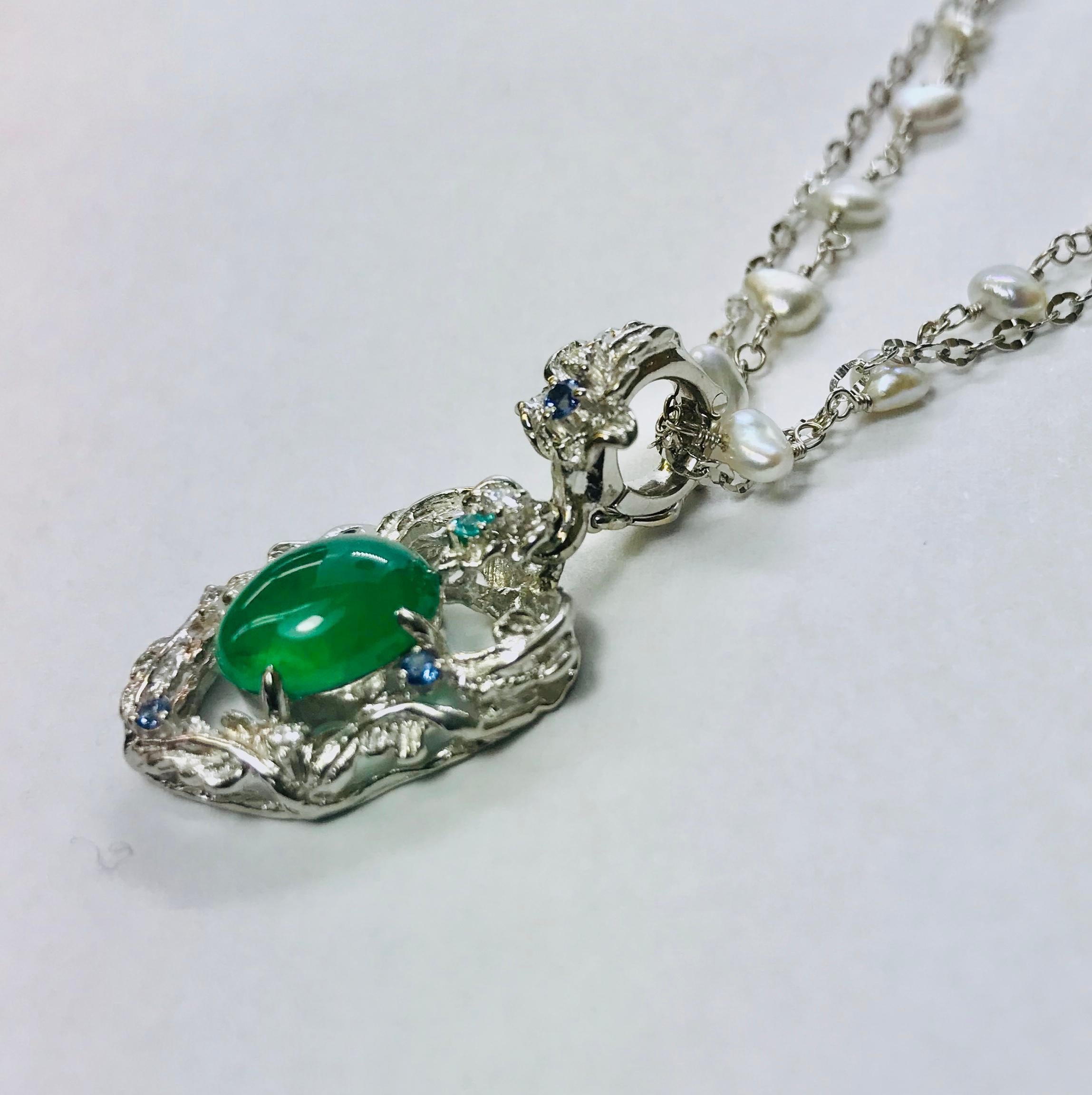 Artist Matsuzaki PT900/K18 Oval Cabochon Emerald Pendant Necklace For Sale