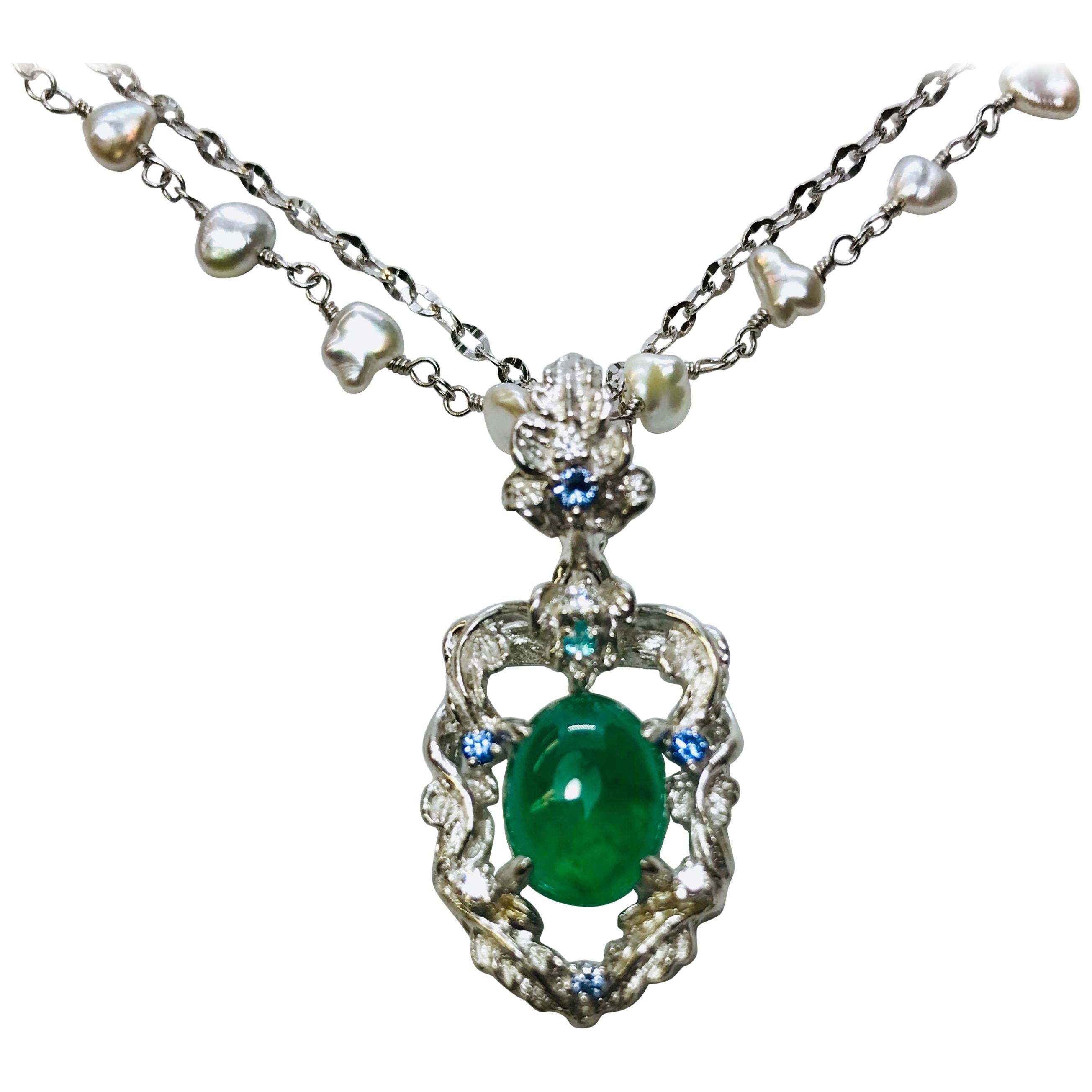 Matsuzaki PT900/K18 Oval Cabochon Emerald Pendant Necklace For Sale