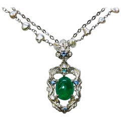 Matsuzaki PT900/K18 Oval Cabochon Emerald Pendant Necklace