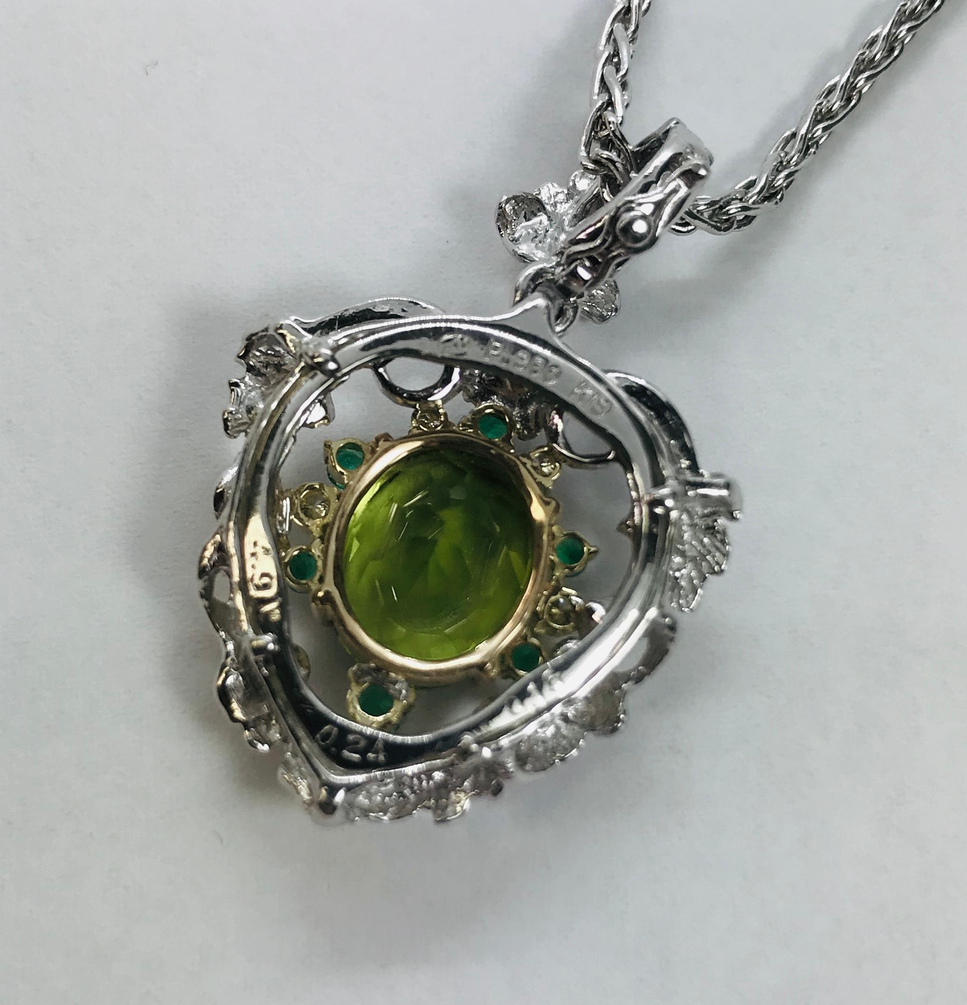 Artist Matsuzaki PT900/K18 Oval Peridot Foliage Emerald Diamond Pendant Necklace For Sale