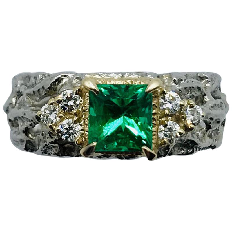 Matsuzaki PT900/K18 Princess Cut Emerald Diamond Ring For Sale