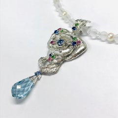 Matsuzaki Rose Flower Briolette Aquamarine Sapphire Diamond Pendant Necklace