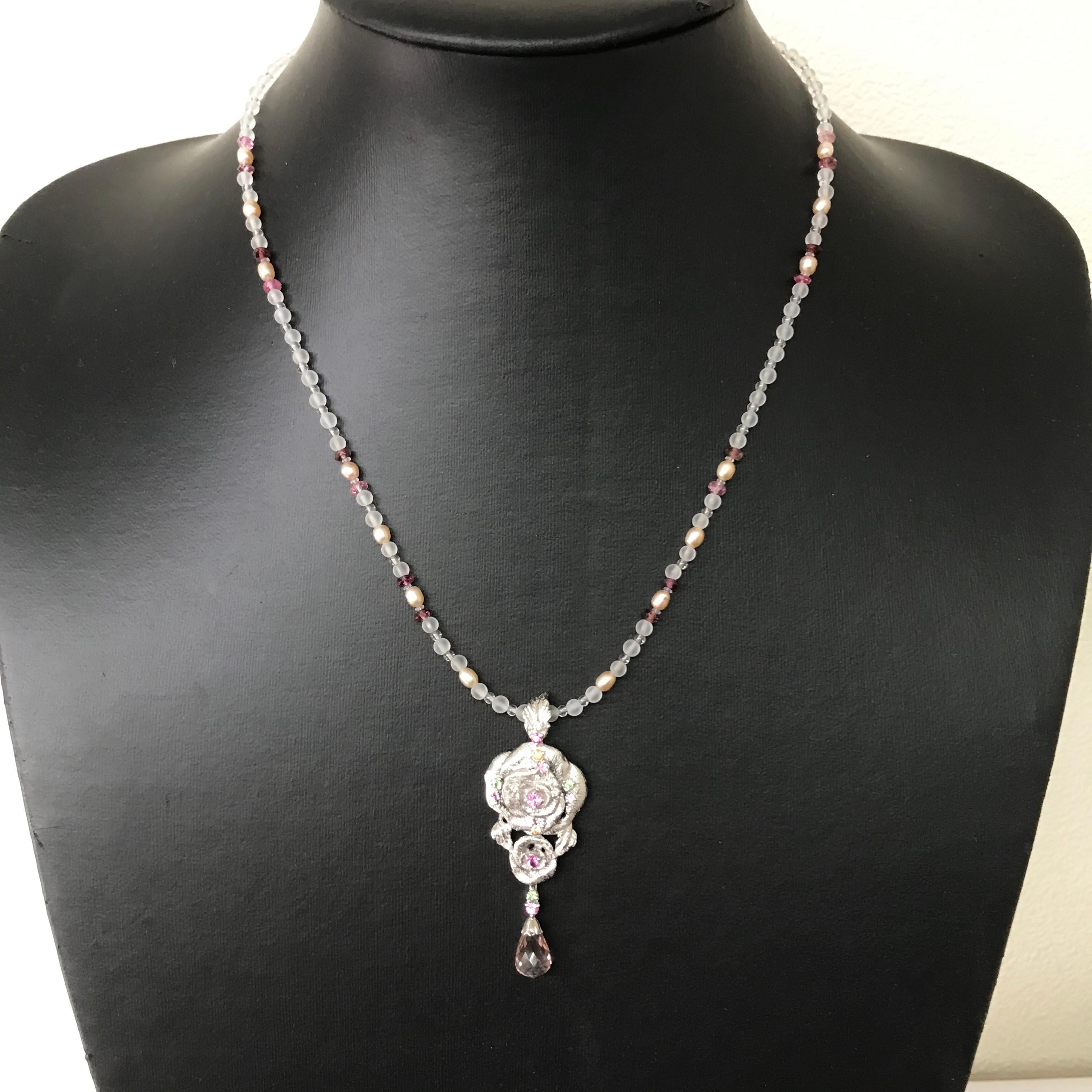 Matsuzaki Rose Flower Briolette Morganite Sapphire Garnet Pendant Necklace For Sale 7