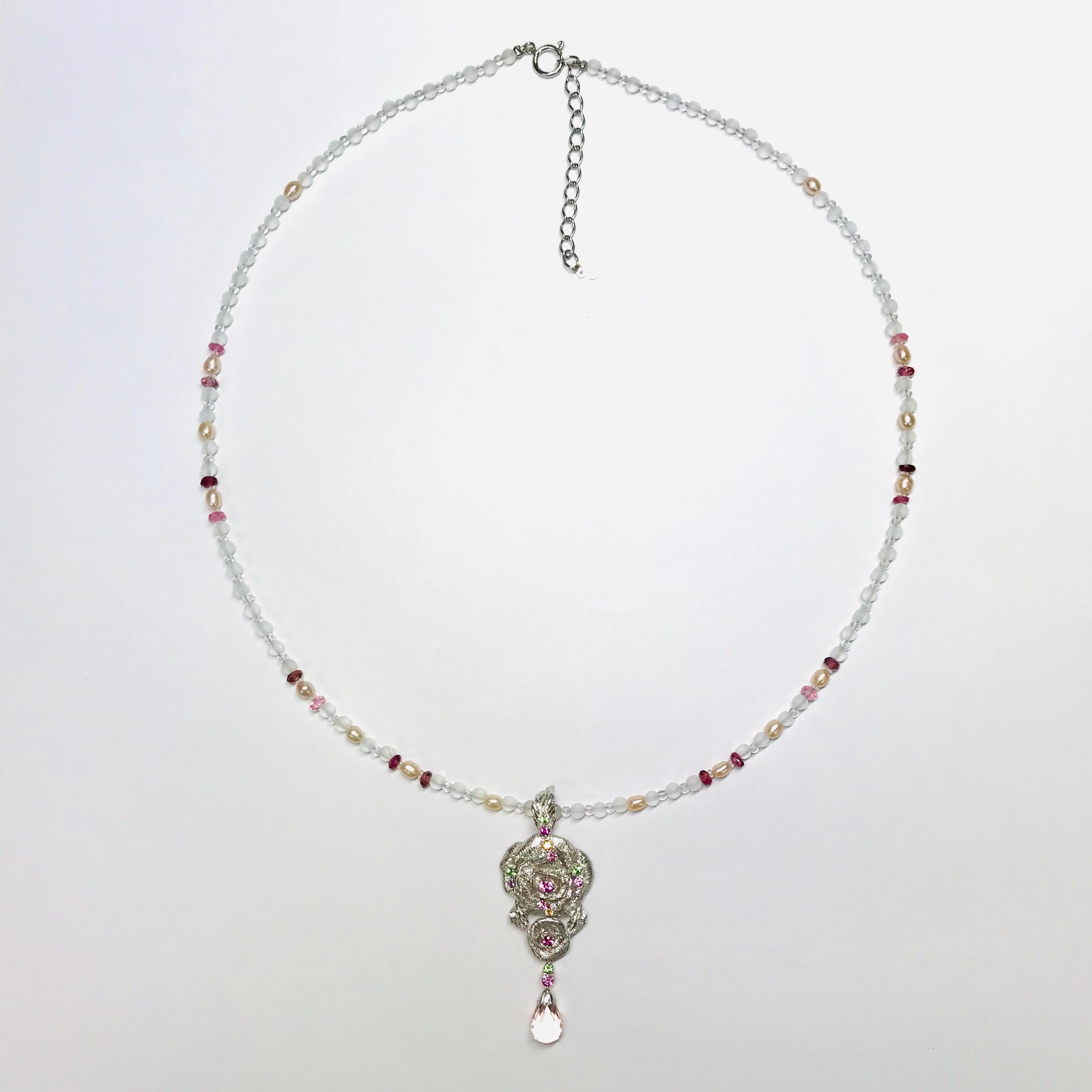Artist Matsuzaki Rose Flower Briolette Morganite Sapphire Garnet Pendant Necklace For Sale