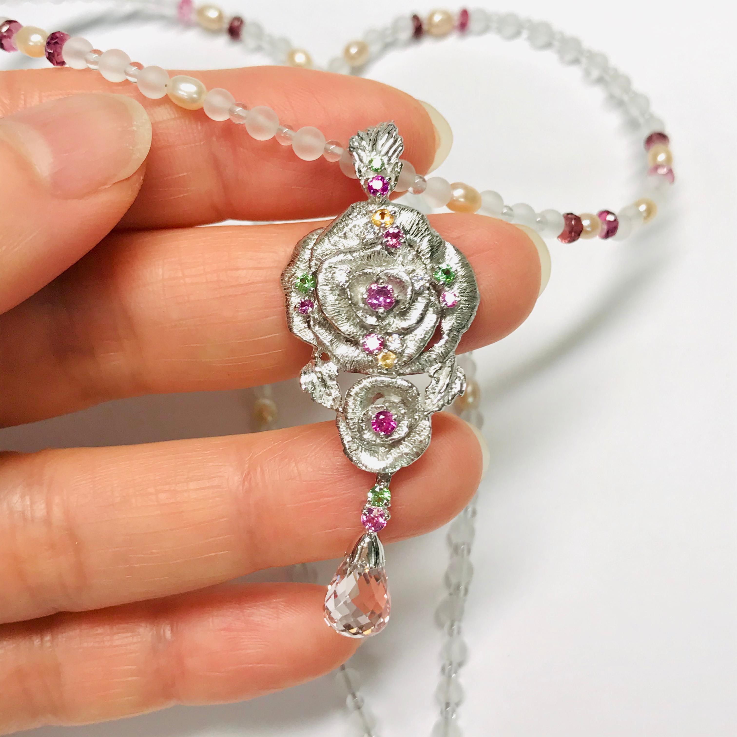 Matsuzaki Rose Flower Briolette Morganite Sapphire Garnet Pendant Necklace In New Condition For Sale In Tokyo, JP