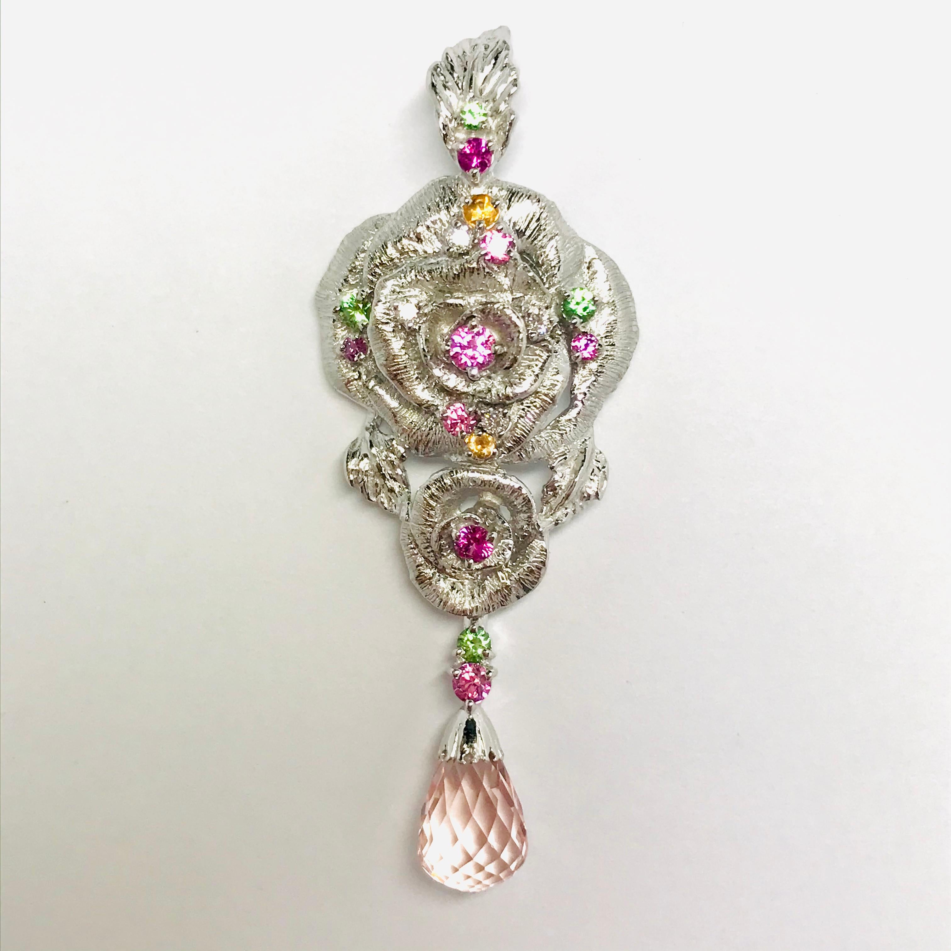 Women's Matsuzaki Rose Flower Briolette Morganite Sapphire Garnet Pendant Necklace For Sale
