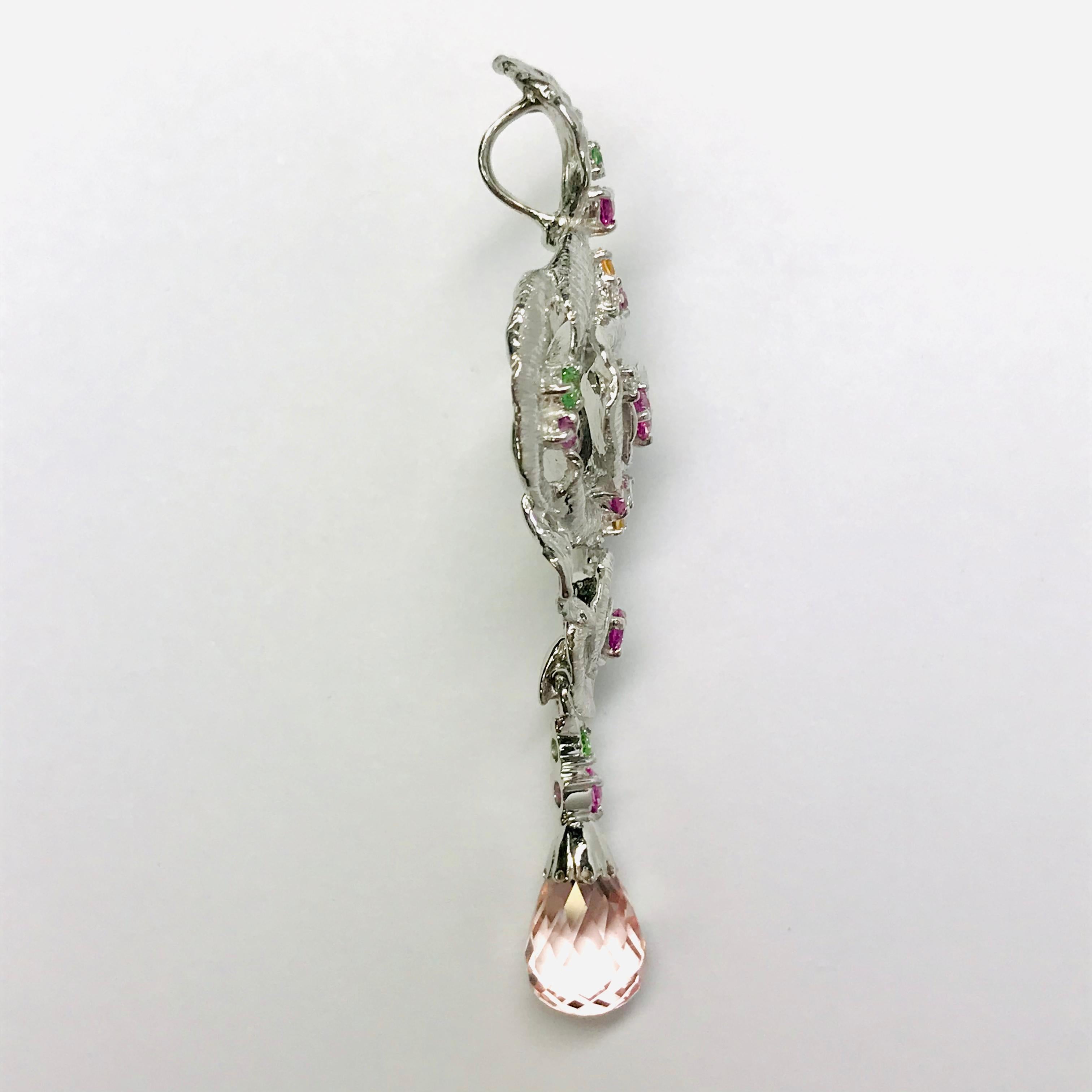 Matsuzaki Rose Flower Briolette Morganite Sapphire Garnet Pendant Necklace For Sale 2