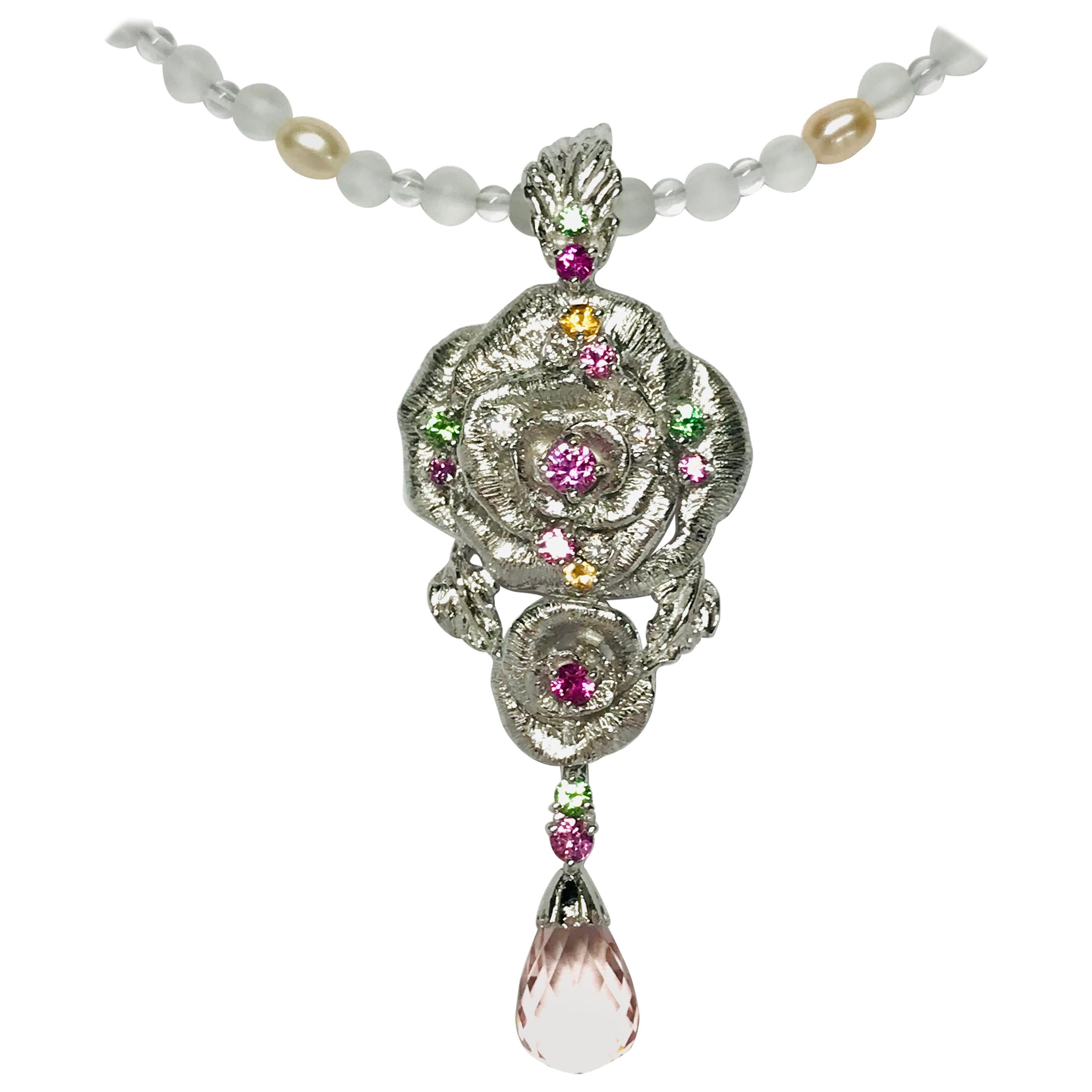Matsuzaki Rose Flower Briolette Morganite Sapphire Garnet Pendant Necklace For Sale