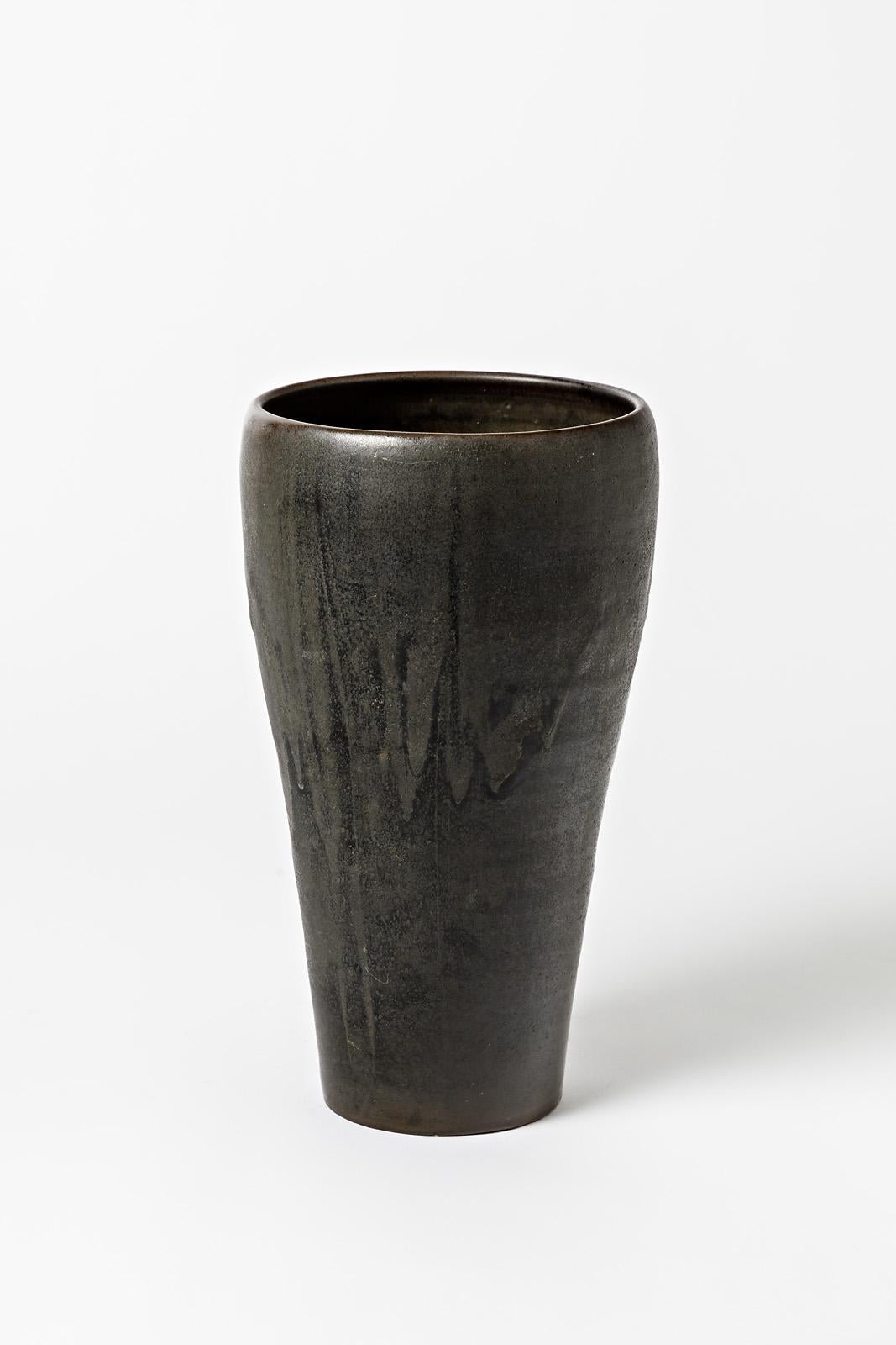 Beaux Arts Matt and shiny black glazed stoneware vase by Roger Jacques, circa 1960-1970. For Sale
