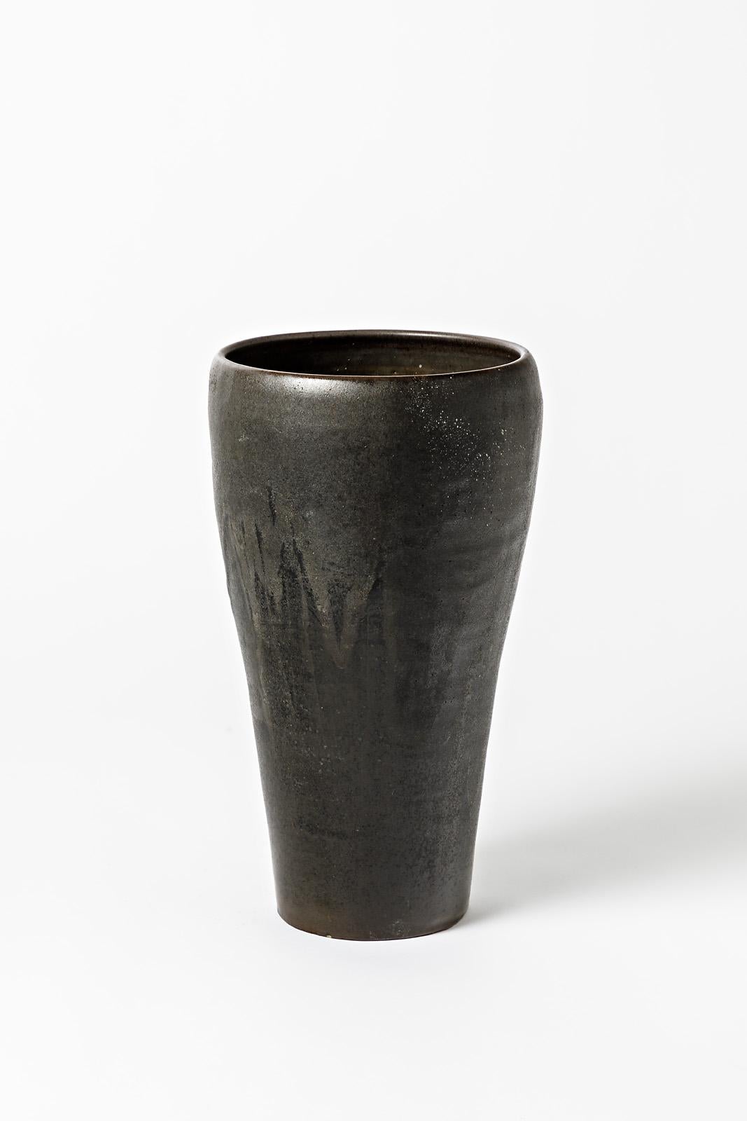 French Matt and shiny black glazed stoneware vase by Roger Jacques, circa 1960-1970. For Sale