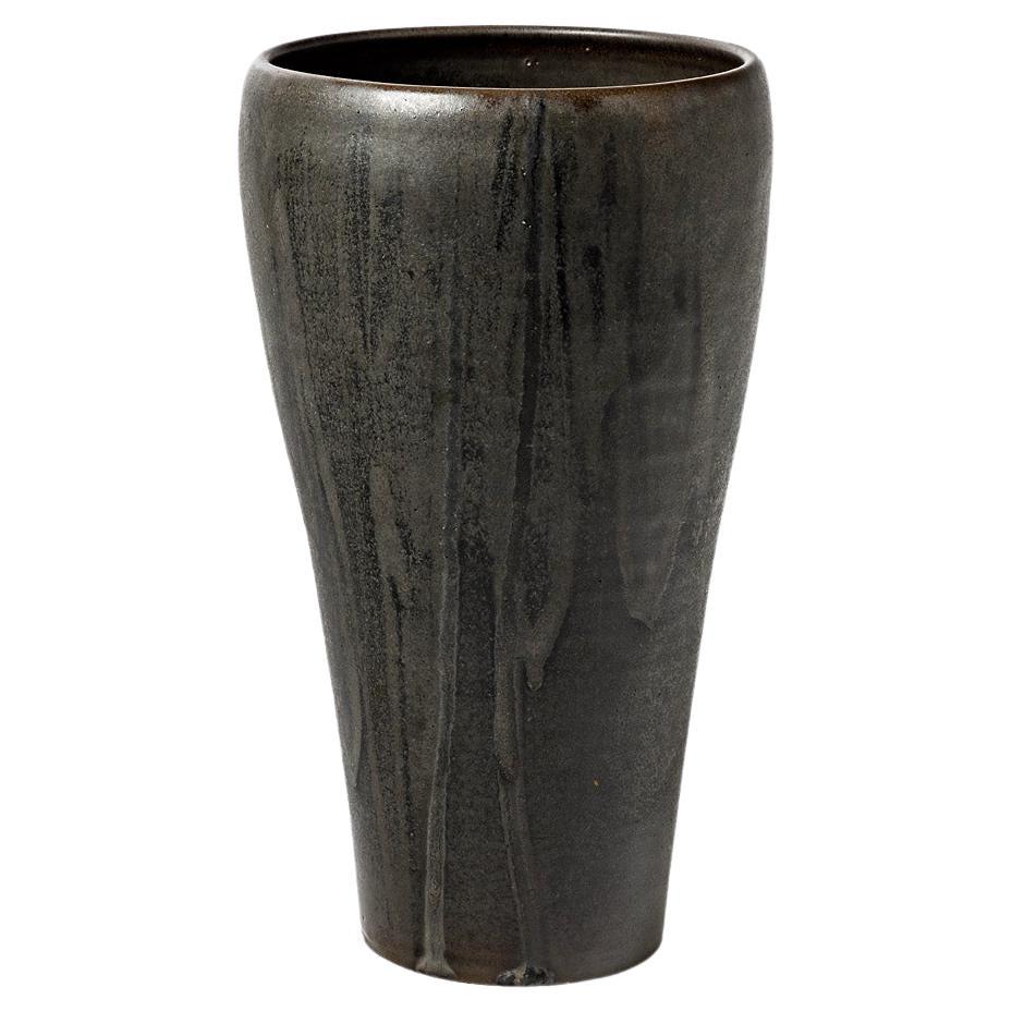 Matt and shiny black glazed stoneware vase by Roger Jacques, circa 1960-1970. For Sale
