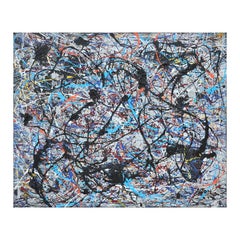 Colorful Blue Abstract Expressionist Painting in the Style of Jackson Pollock