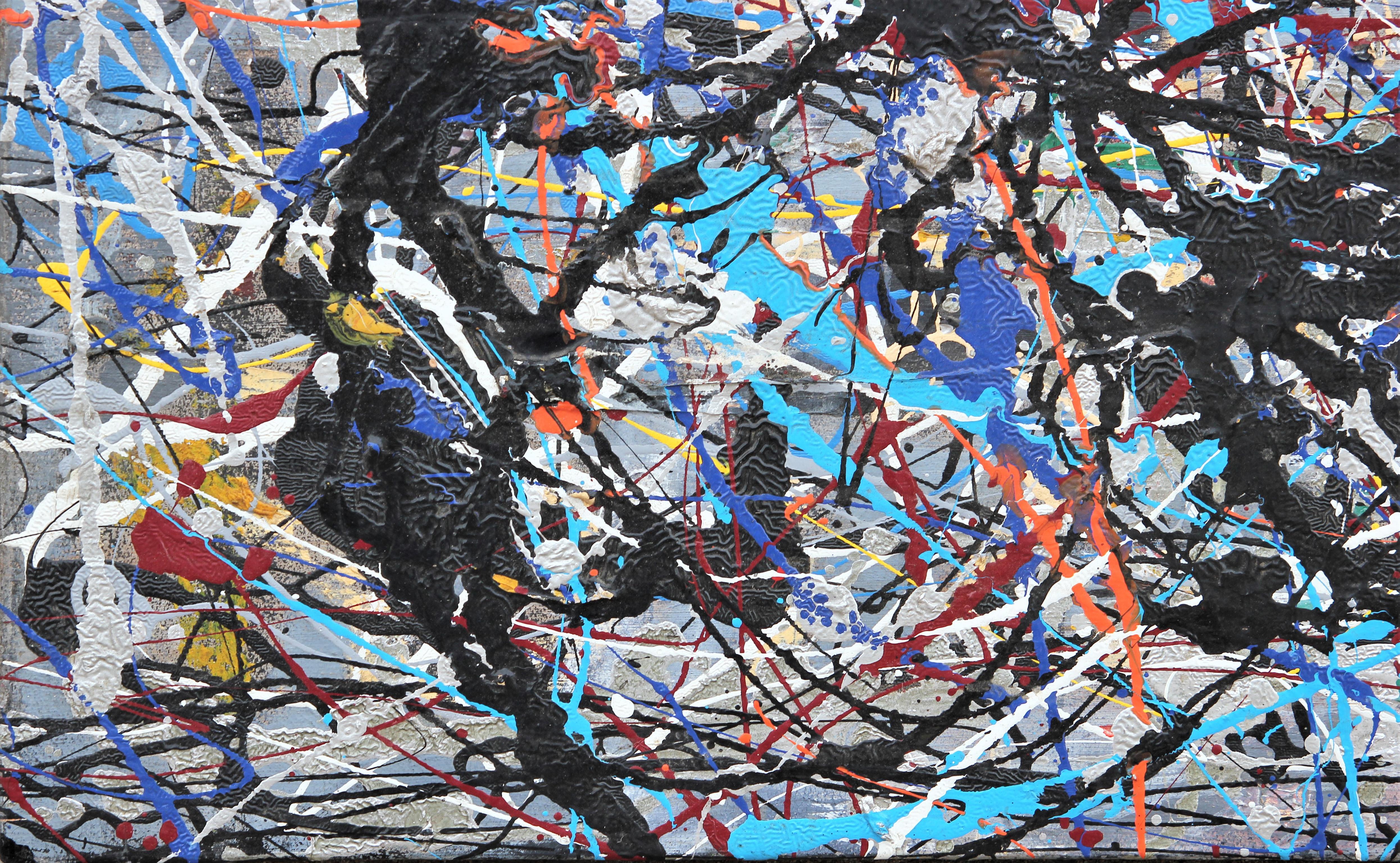 Colorful Blue Abstract Expressionist Painting in the Style of Jackson Pollock  - Gray Abstract Painting by Matt Aston