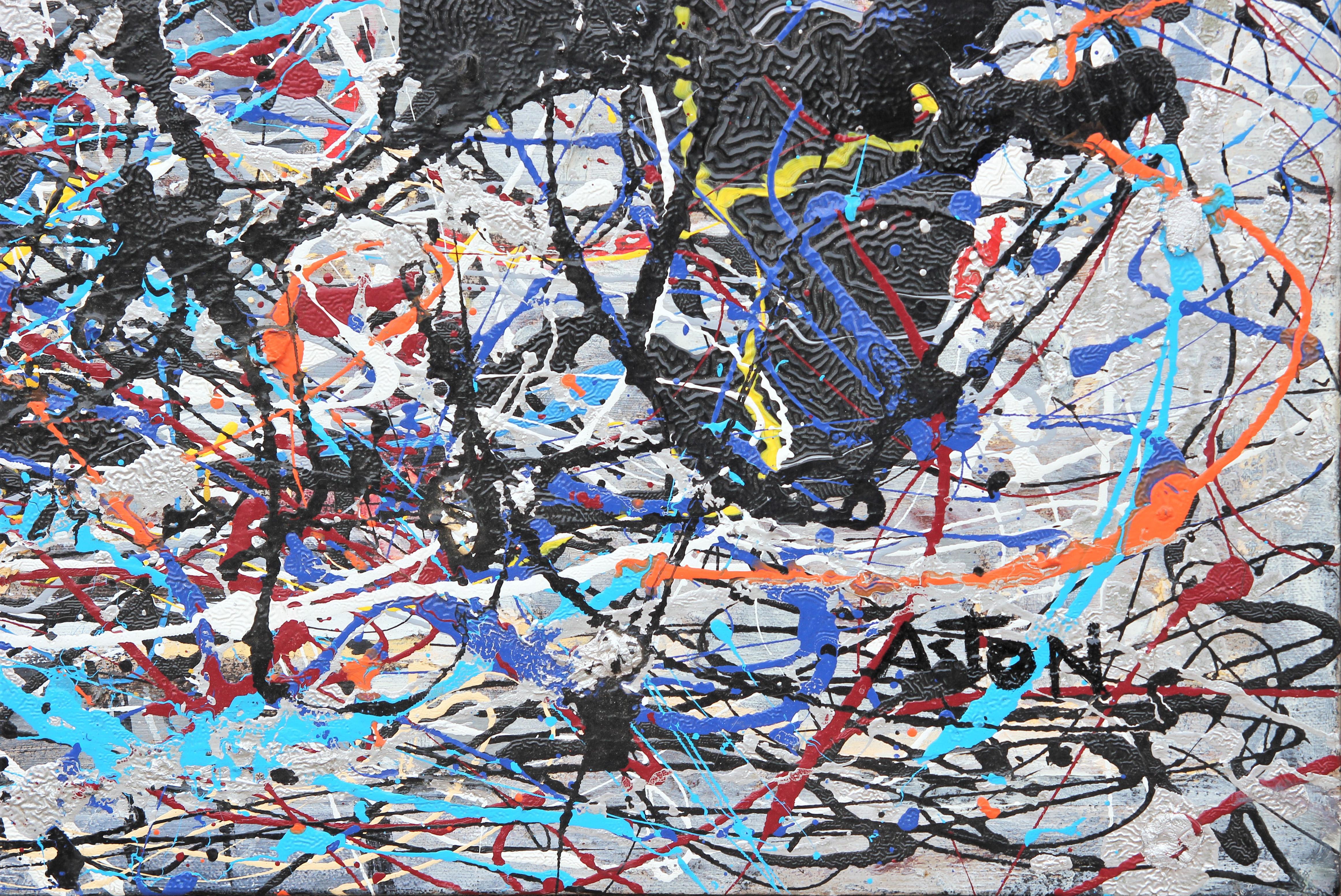 Colorful abstract expressionist painting by contemporary artist Matt Aston. The work features many layers of colorful paint splatters set against a silver background in the style popularized by Jackson Pollock. Signed by artist in front lower right