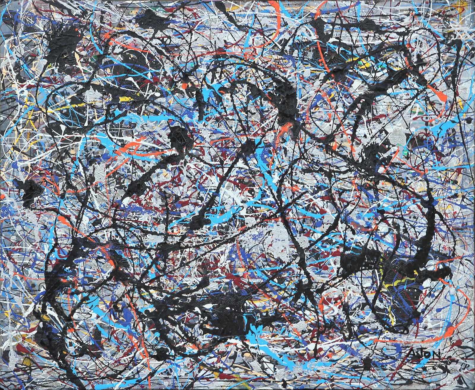 Matt Aston Abstract Painting - Colorful Blue Abstract Expressionist Painting in the Style of Jackson Pollock 