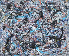 Colorful Blue Abstract Expressionist Painting in the Style of Jackson Pollock