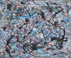 Colorful Blue Abstract Expressionist Painting in the Style of Jackson Pollock 