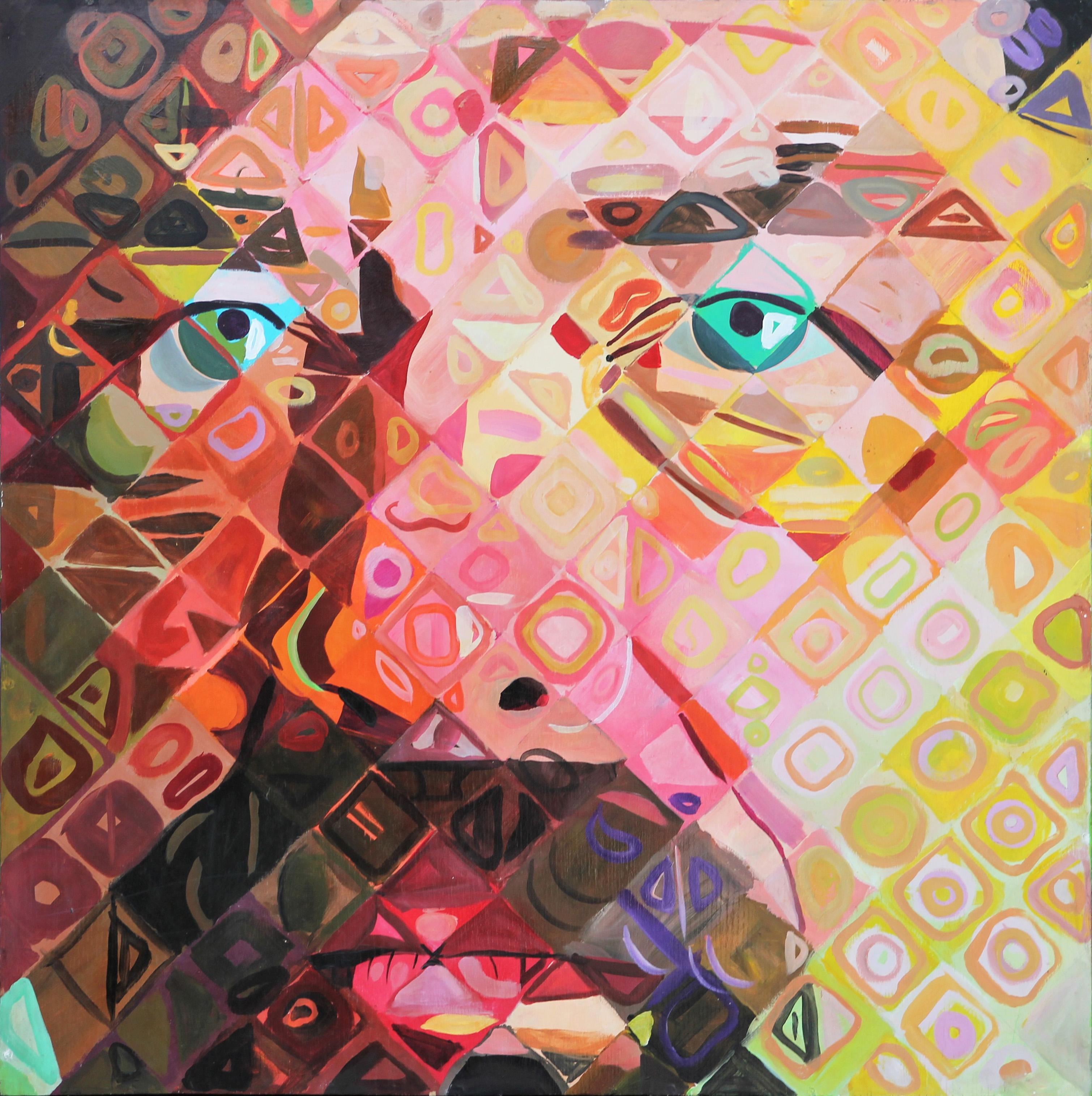 Matt Aston Abstract Painting - Colorful Contemporary Chuck Close Style Abstract Self Portrait Painting