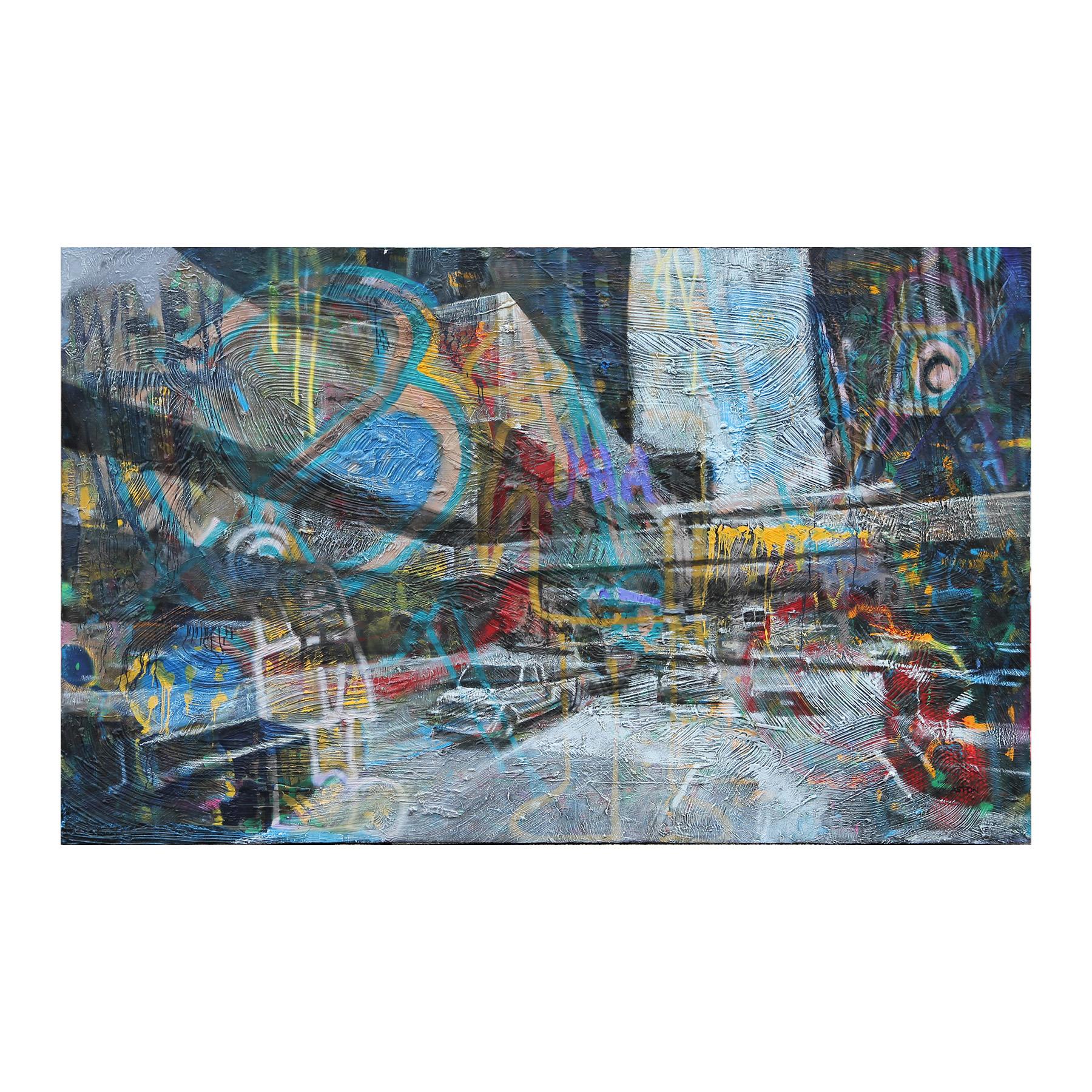 Matt Aston Abstract Painting - Colorful Large Abstract Graffiti Style Cityscape Splatter Painting on Canvas