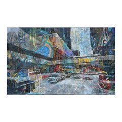 Colorful Large Abstract Graffiti Style Cityscape Splatter Painting on Canvas