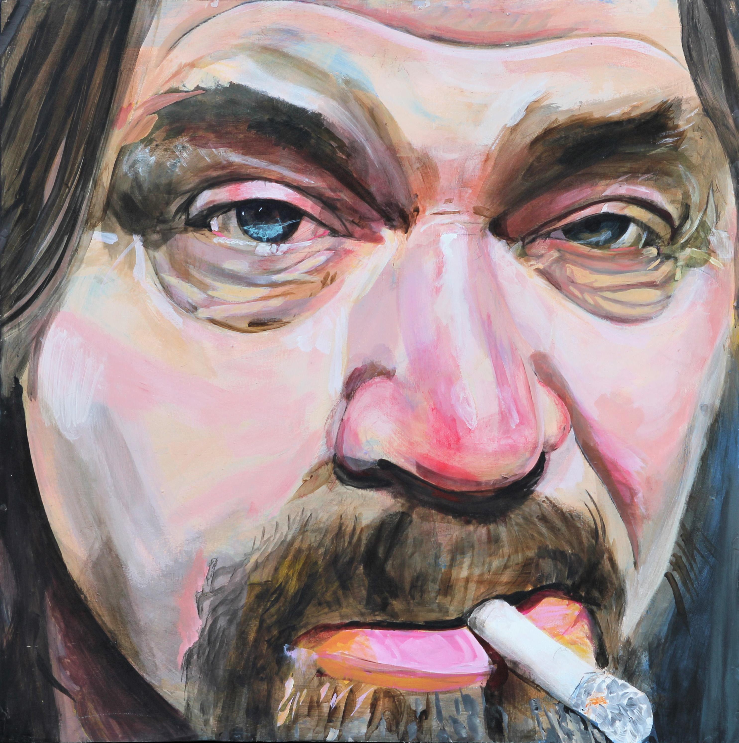 Matt Aston Abstract Painting - Contemporary Realist Chuck Close Style Smoking Self Portrait Painting