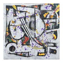 Modern Silver, Purple, and Yellow Geometric Abstract Expressionist Painting