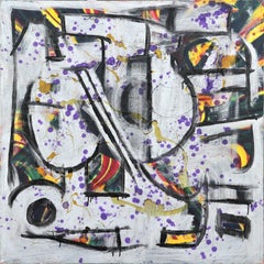 Modern Silver, Purple, and Yellow Geometric Abstract Expressionist Painting