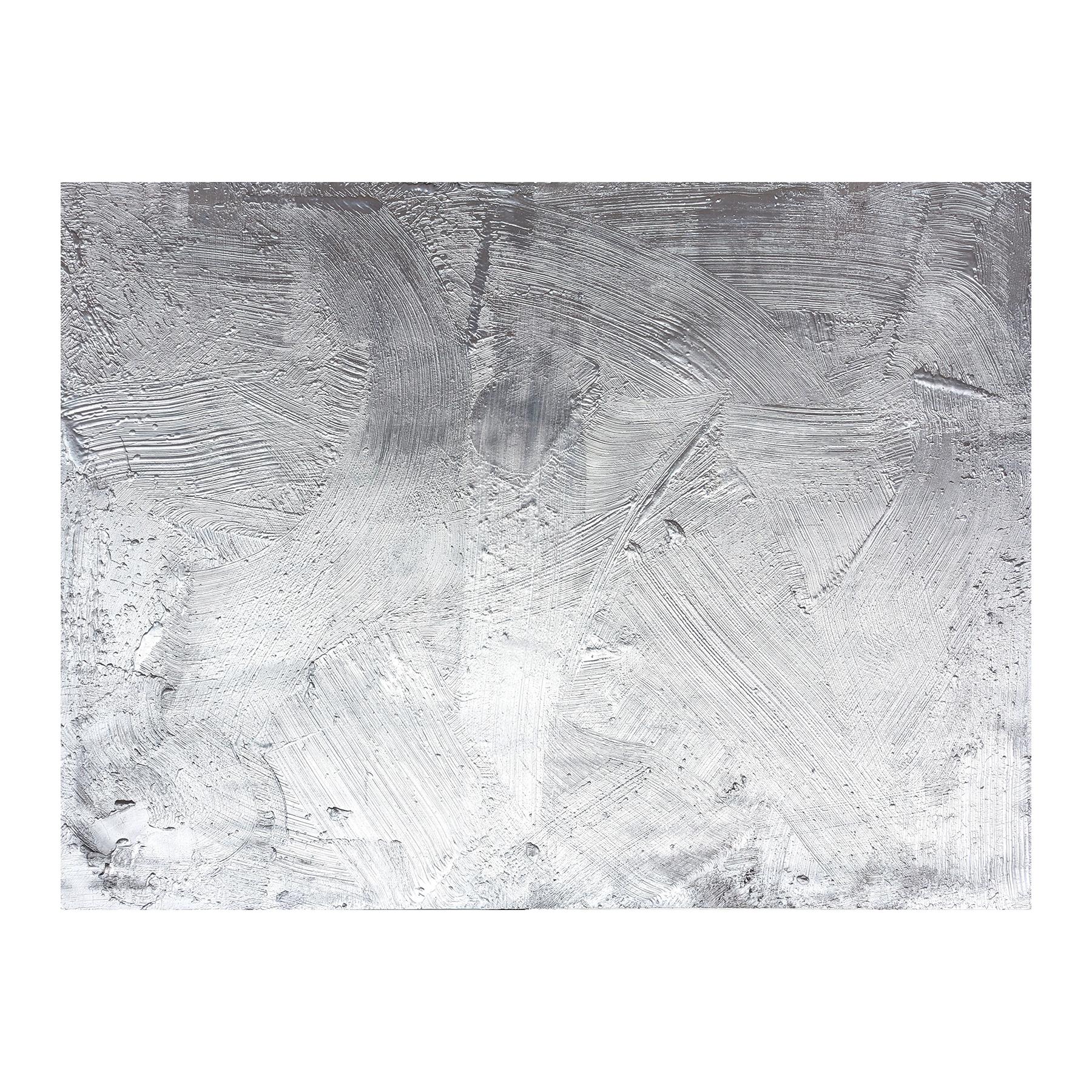 Large scale contemporary abstract metallic silver gestural painting by LA based artist Matt Aston. The work features a thick reflective silver paint that beautifully captures and preserves the artist's sweeping brushstrokes. Signed and dated by the