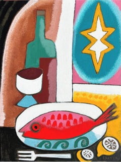 Grace - Zeitgenössisches Tischstillleben Fisch Weinflasche Zitronen Fensterstern, 2025