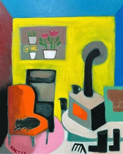 Gato de Izzy en la silla de papá - Pintura al óleo contemporánea Gato en interior, 2024