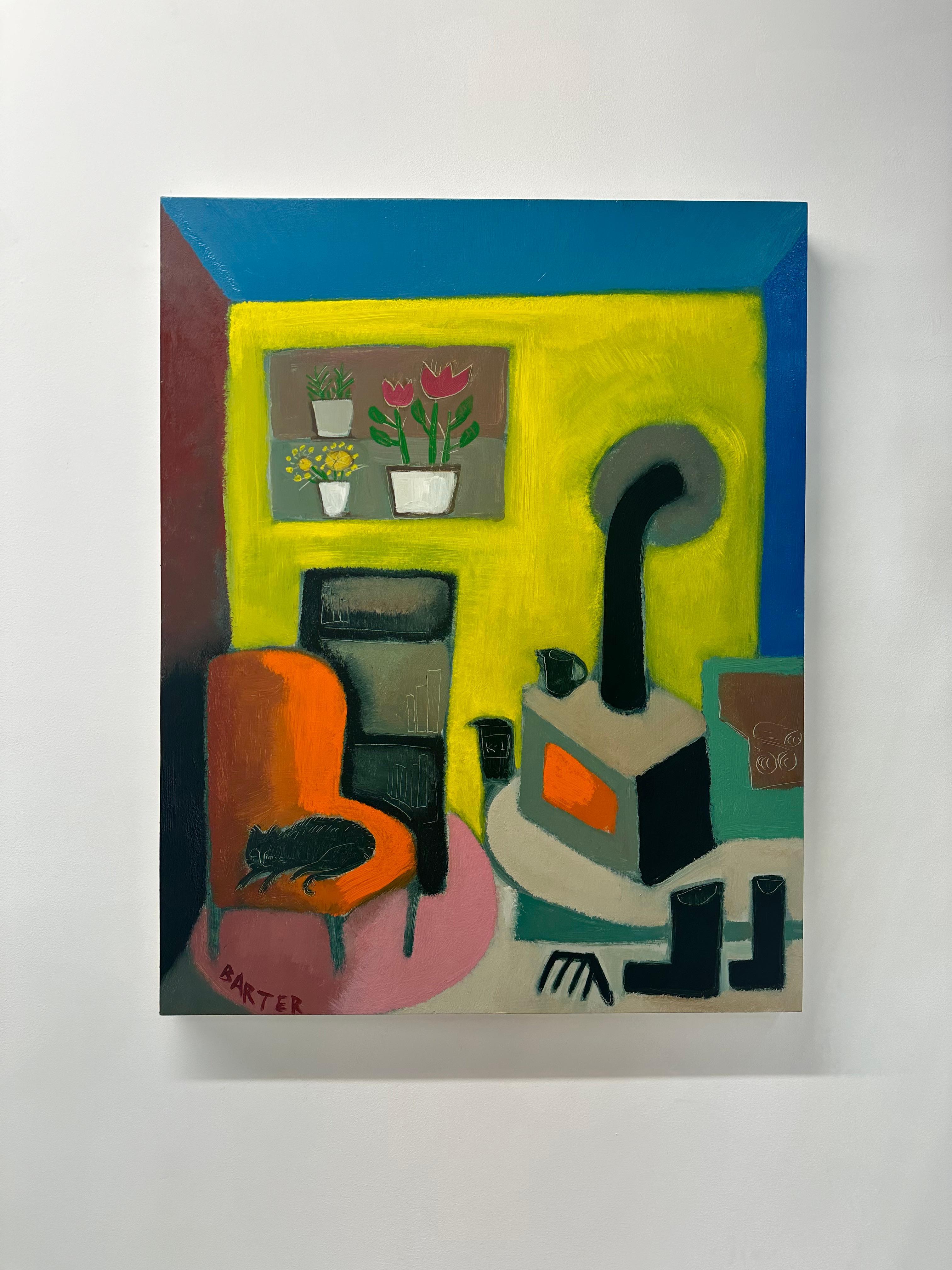 Gato de Izzy en la silla de papá - Pintura al óleo contemporánea Gato en interior, 2024 7