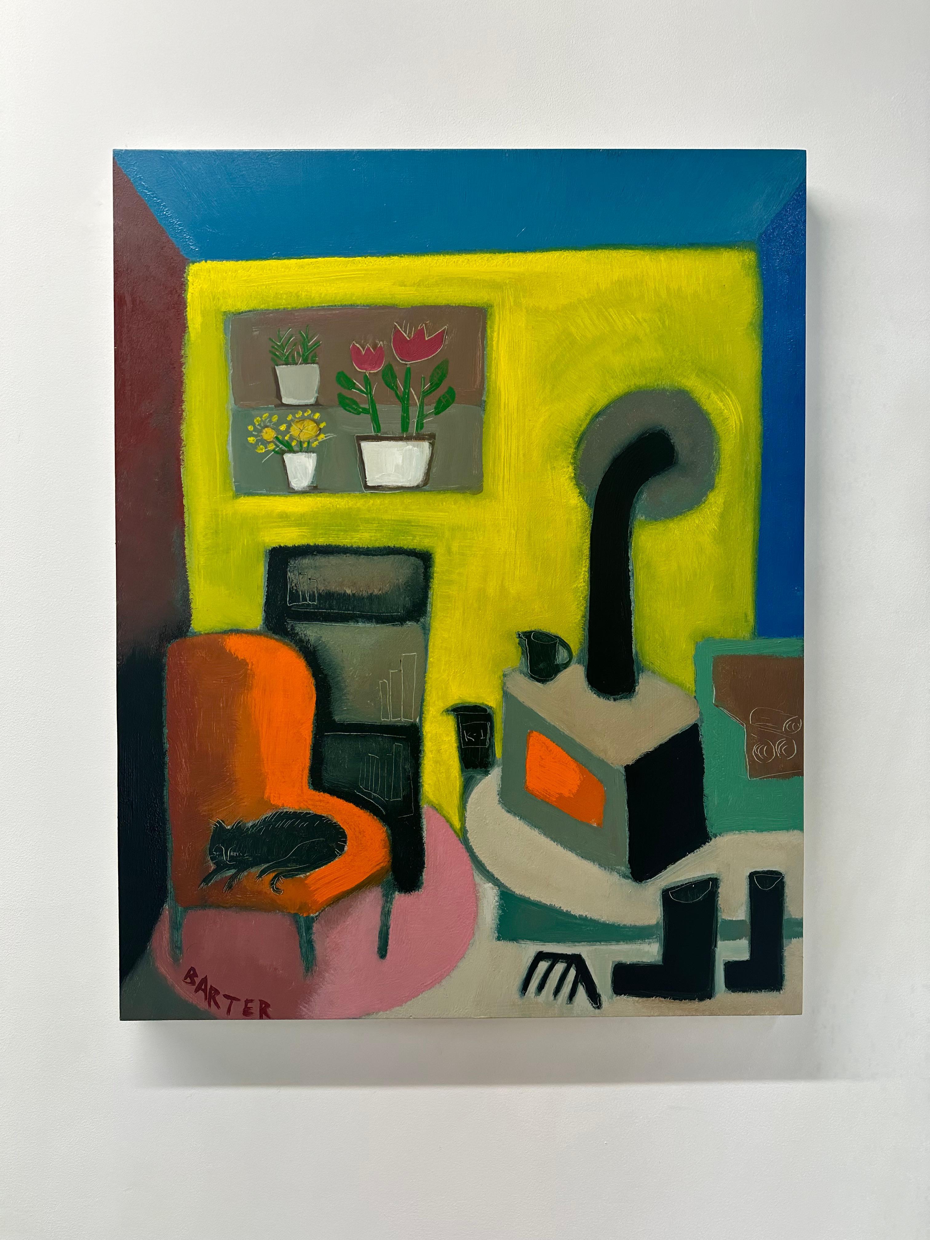 Gato de Izzy en la silla de papá - Pintura al óleo contemporánea Gato en interior, 2024 - Painting de Matt Barter