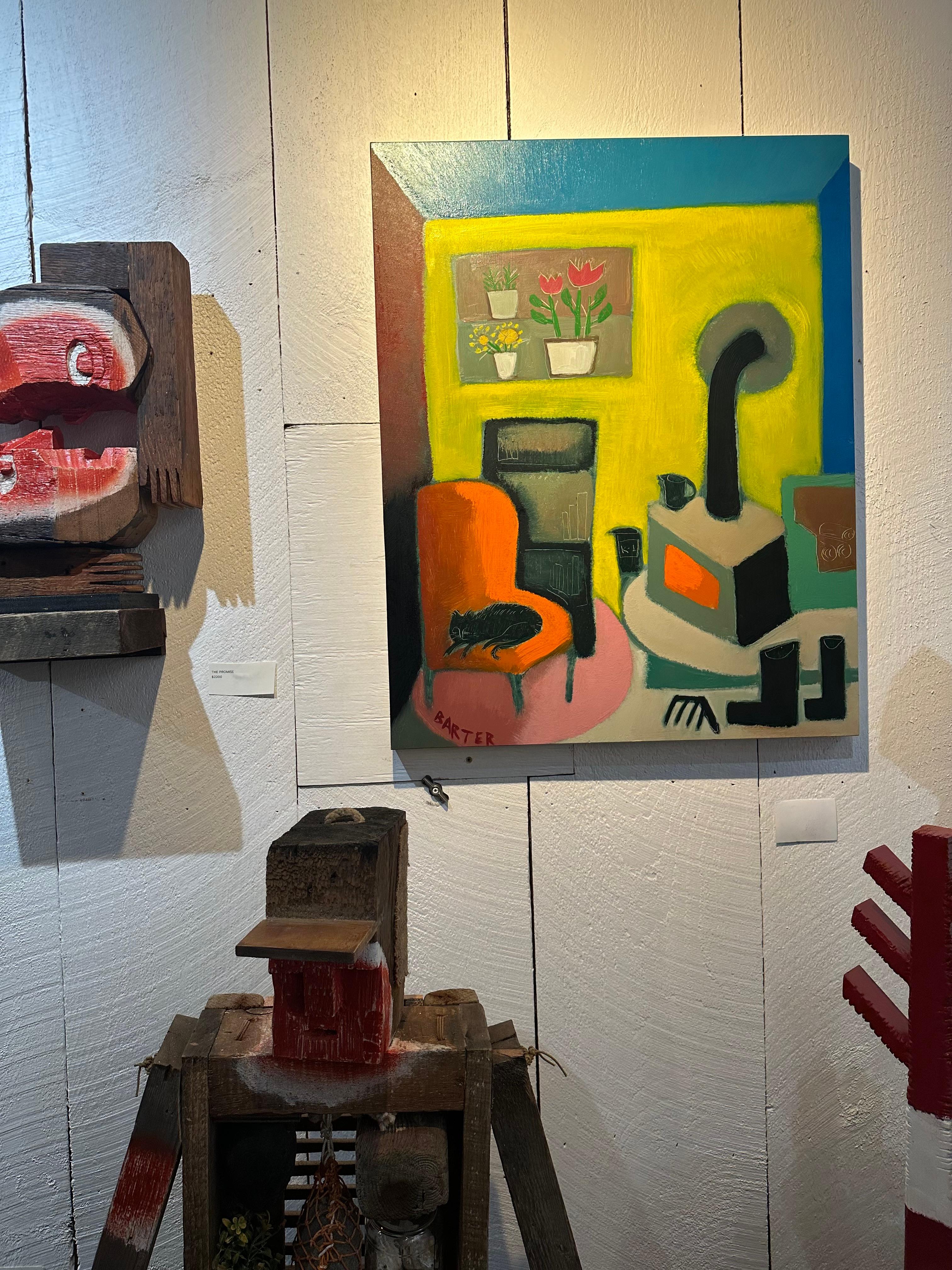 Gato de Izzy en la silla de papá - Pintura al óleo contemporánea Gato en interior, 2024 - Painting Contemporáneo de Matt Barter